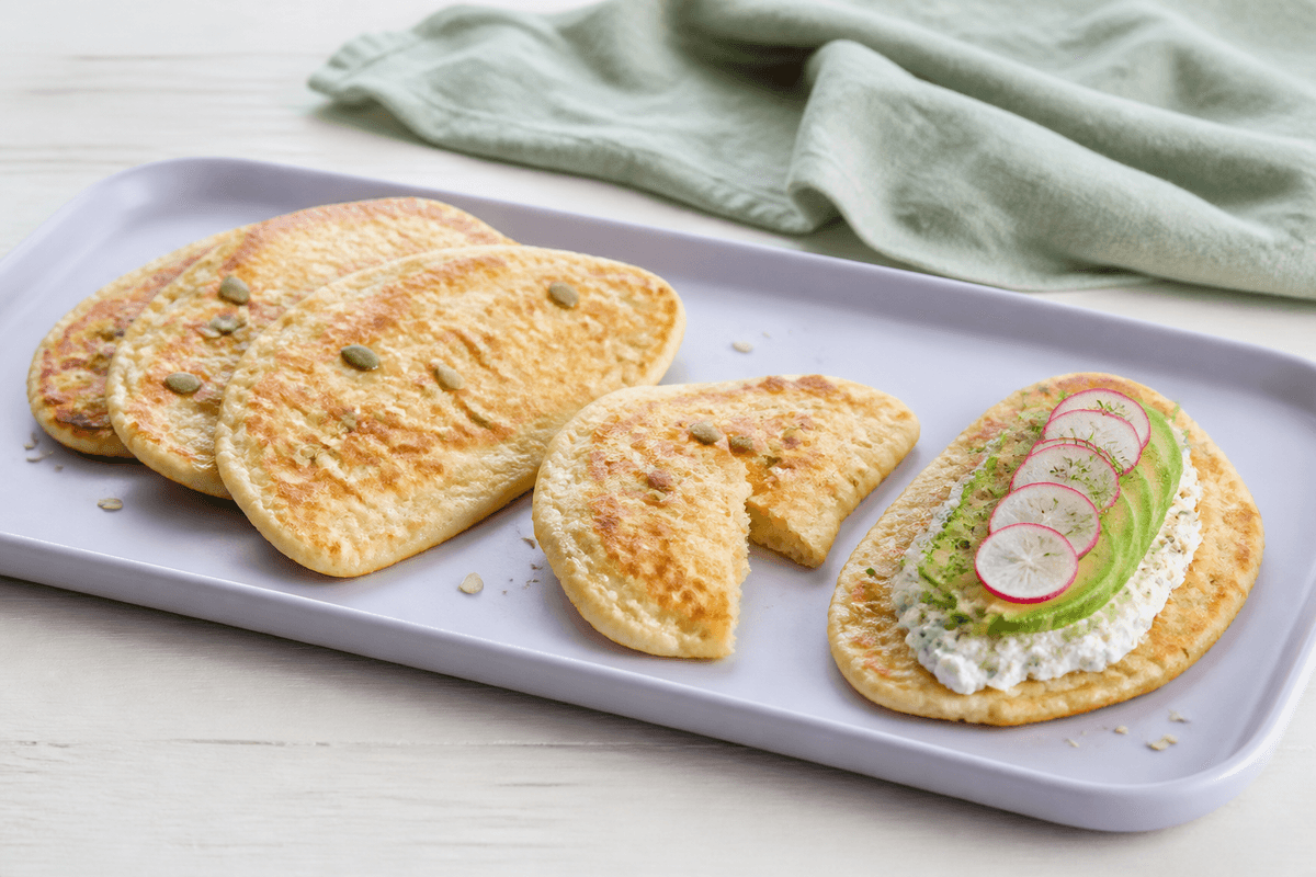 Fire små ovale gyldne hytteost-æg-fladbrød med en smal frølinje på lavendelfad, ét åbent og ét toppet med urtehytteost, avocado, agurk og radise
