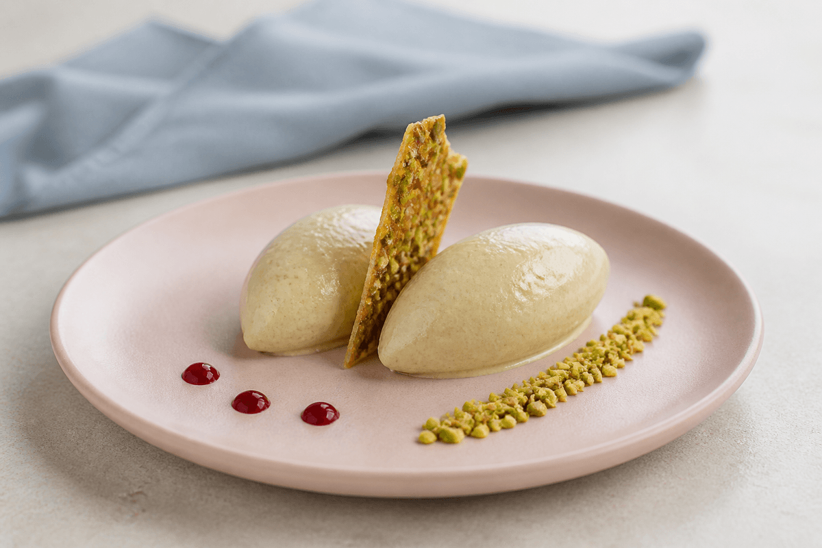 To glatte queneller naturligt lysegrøn pistaciegelato på rosa tallerken med pistaciebrittle, smal nøddelinje og tre kirsebærdråber