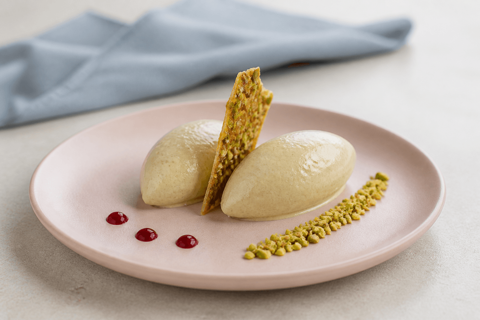 To glatte queneller naturligt lysegrøn pistaciegelato på rosa tallerken med pistaciebrittle, smal nøddelinje og tre kirsebærdråber
