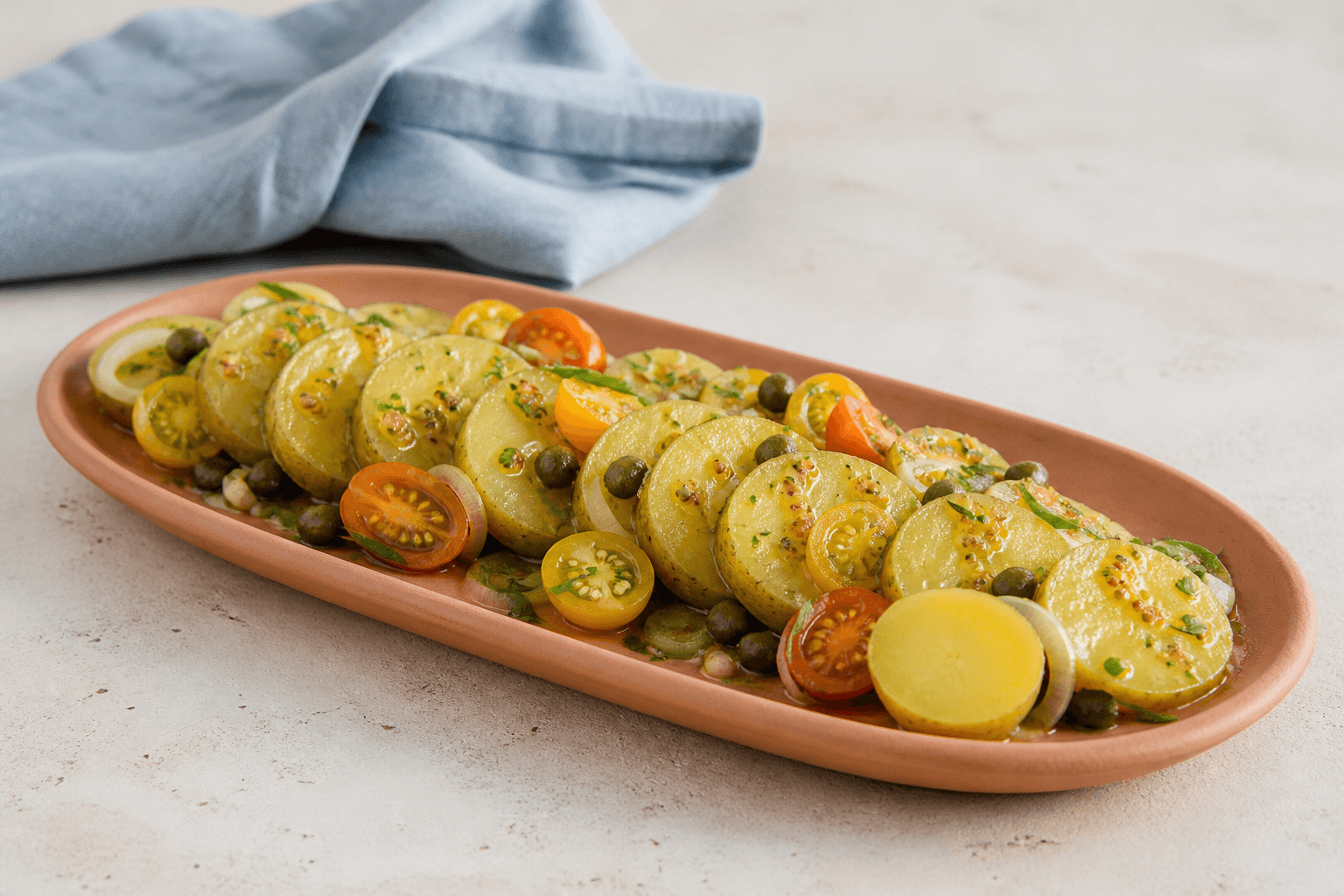 To rækker overlappende kartoffelskiver på langt terrakottafad med gule og orange tomater, kapers, skalotteløg og senneps-tarragonvinaigrette