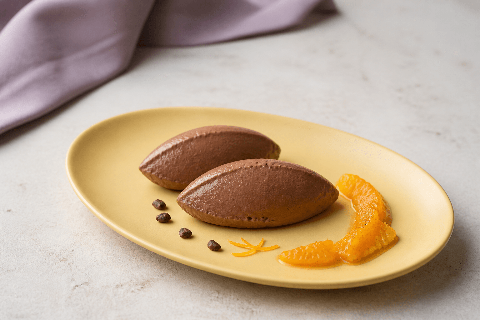 To aflange queneller yoghurt-chokolademousse på gul tallerken med espresso-appelsinbue, fire kakaonibs og tynde appelsinskalstråde