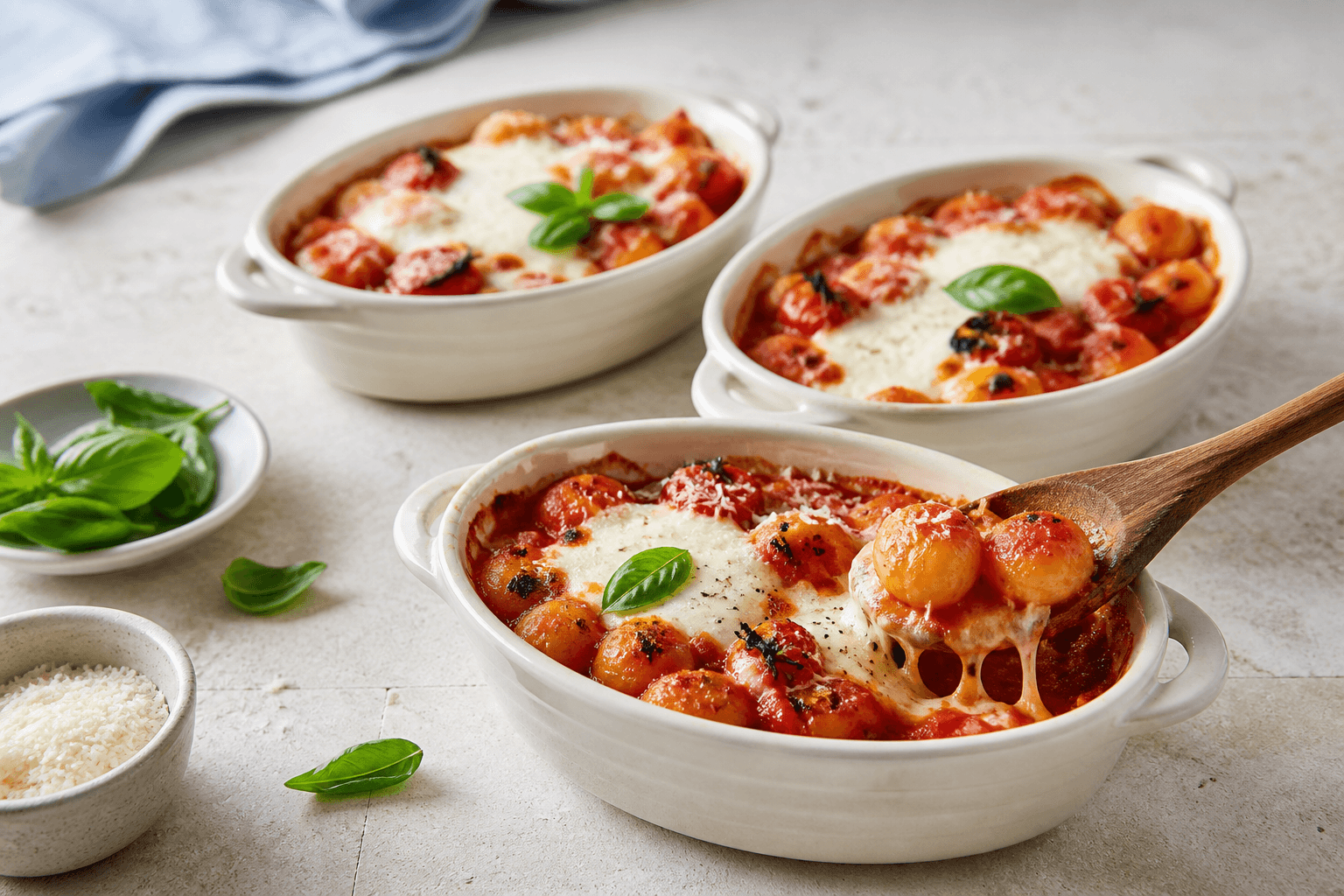 Tre små cremefarvede cocotter med bagt gnocchi i rød tomatsauce, blisteret mozzarella og gyldne tomater, tre gnocchi løftet på træske