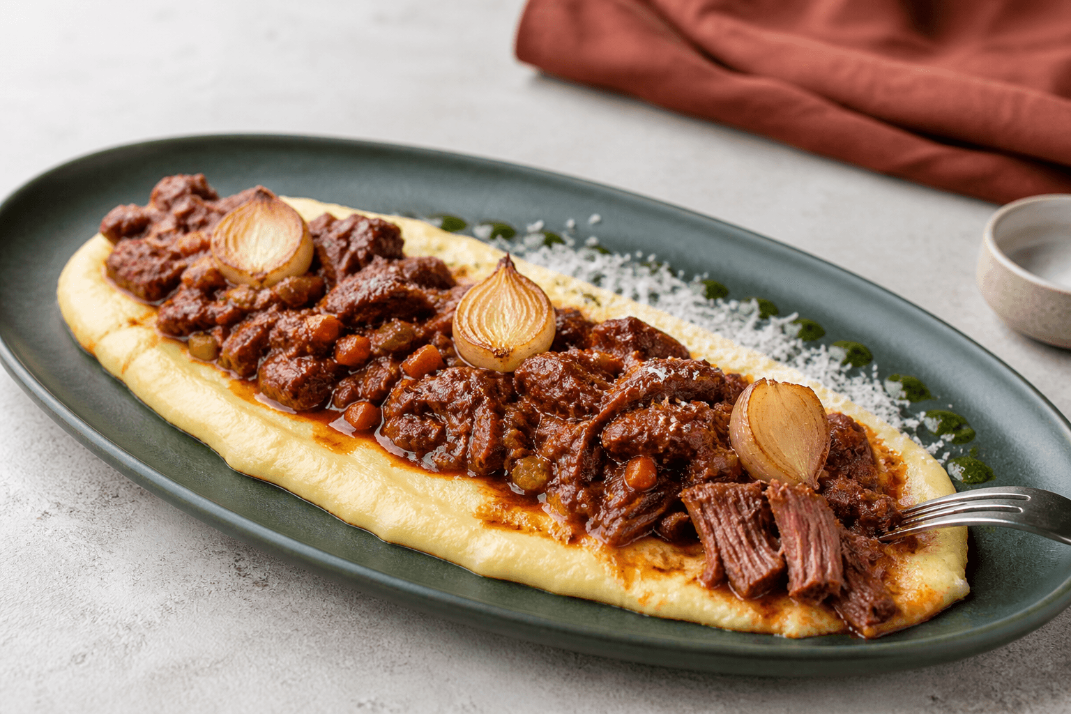 Mørk langtidssimret okseragù i en kanal over blød polenta på skovgrønt fad med ristede perleløg, ost og persilleolie