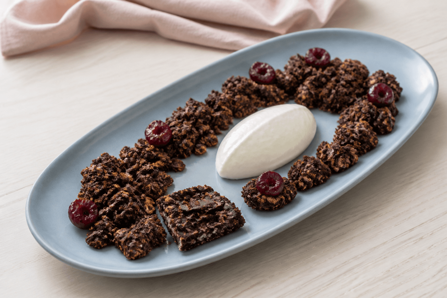 Store mørke chokoladegranolaklynger i en halvmåne på lyseblåt fad med hvid skyrquenelle, hasselnød, kerner og fem syrlige kirsebær
