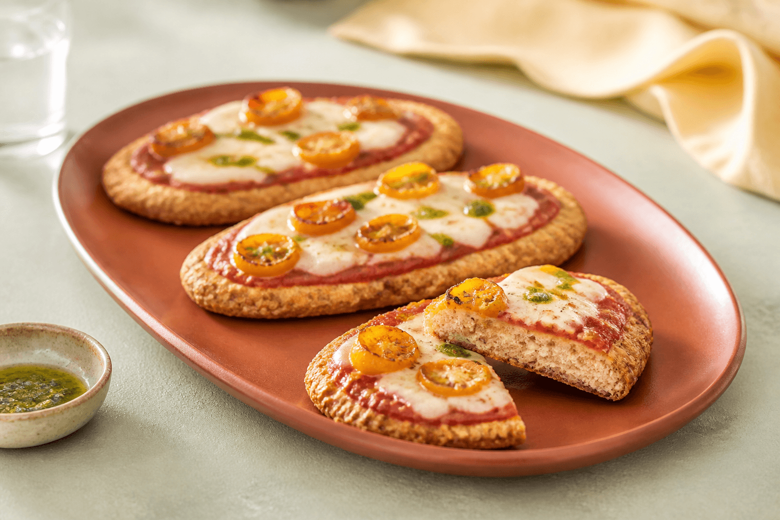 Tre aflange hytteostpizzaer på terrakottafad med tomat, mozzarella, gule tomater og basilikumolie, én delt med synlig havre-hytteostbund