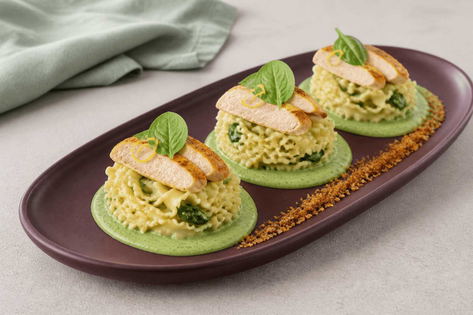 Tre mafaldinereder på blommefarvet fad over grøn spinat-parmesancreme med skiveskåret gylden kylling, spinatblade, citron og raspcrunch