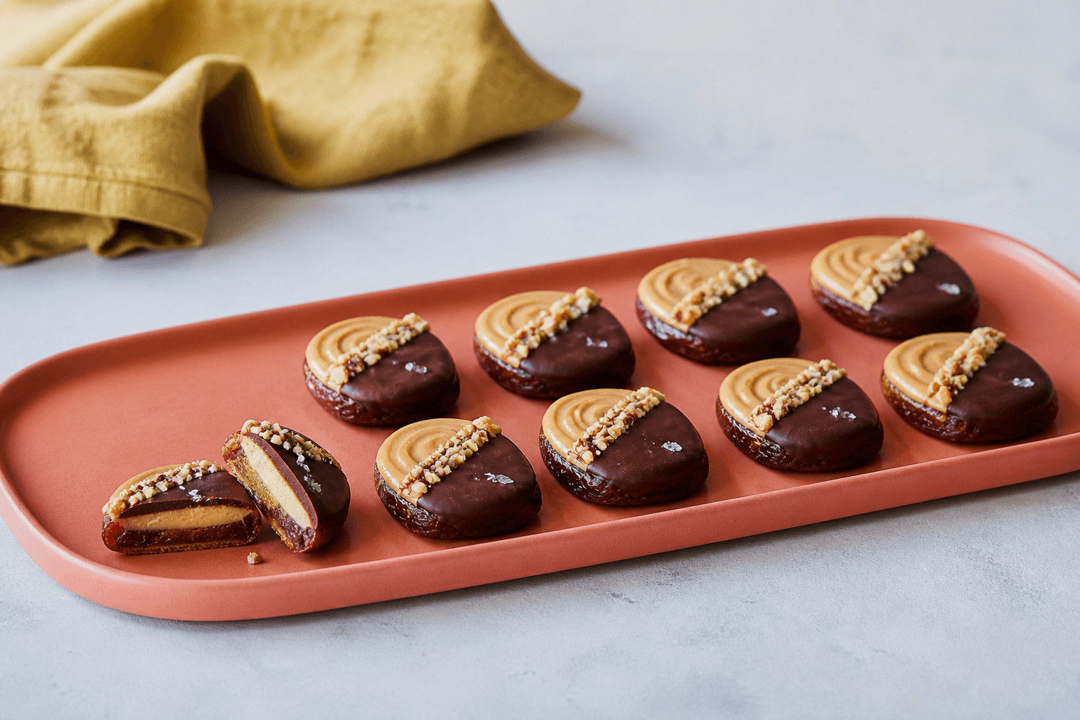 Otte flade ovale dadelmedaljoner i to rækker på koralfad med peanutspiral, diagonal mørk chokolade, peanutstribe og ét skåret stykke