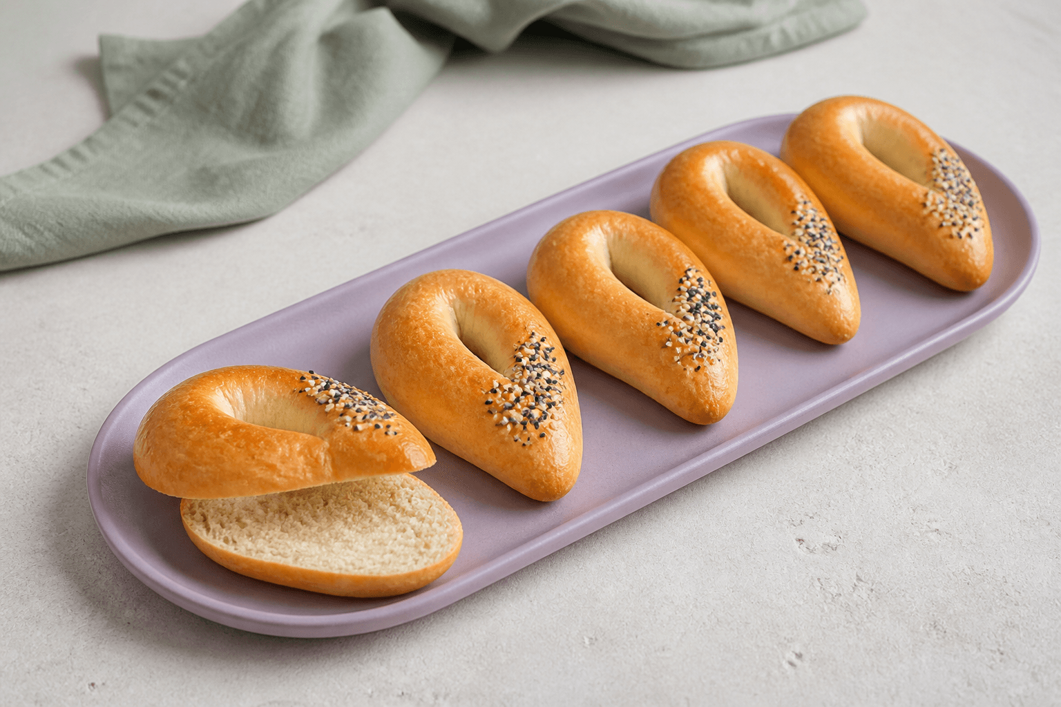 Fem små dråbeformede yoghurtbagels på lilla fad med glat gylden skorpe, aflang åbning, lokal frøstribe og én vandret skåret krumme