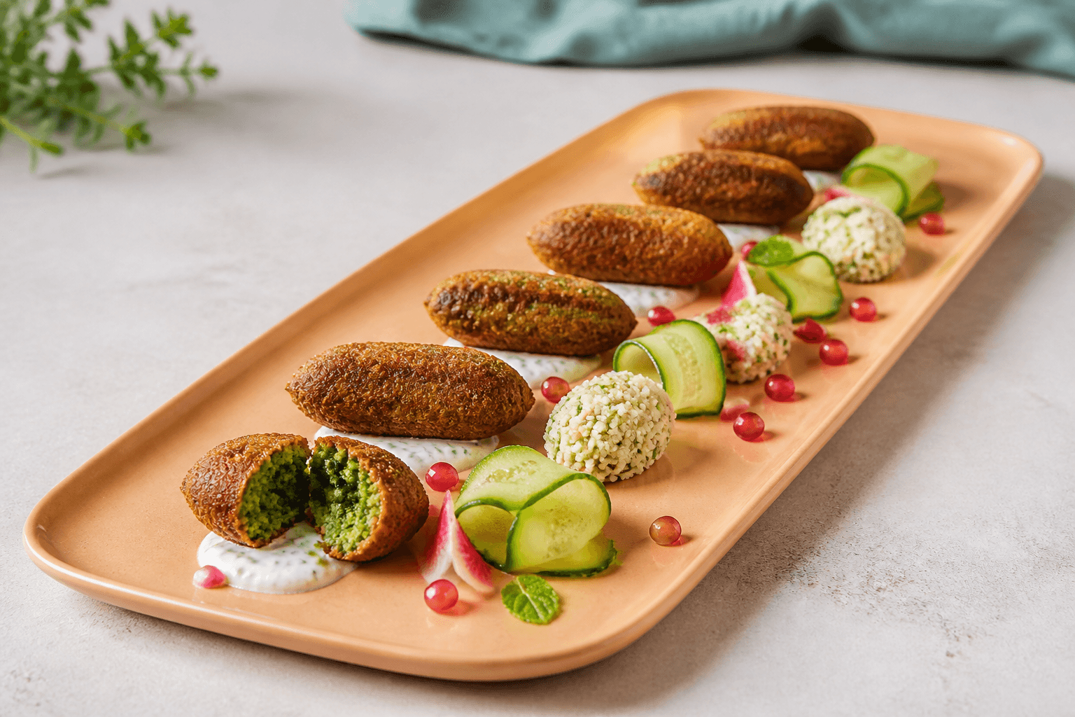 Aflange sprøde falafler på aprikosfarvet fad med couscouskugler, agurkebånd, radise, granatæble, mynte og små felter af hvidløgsdressing