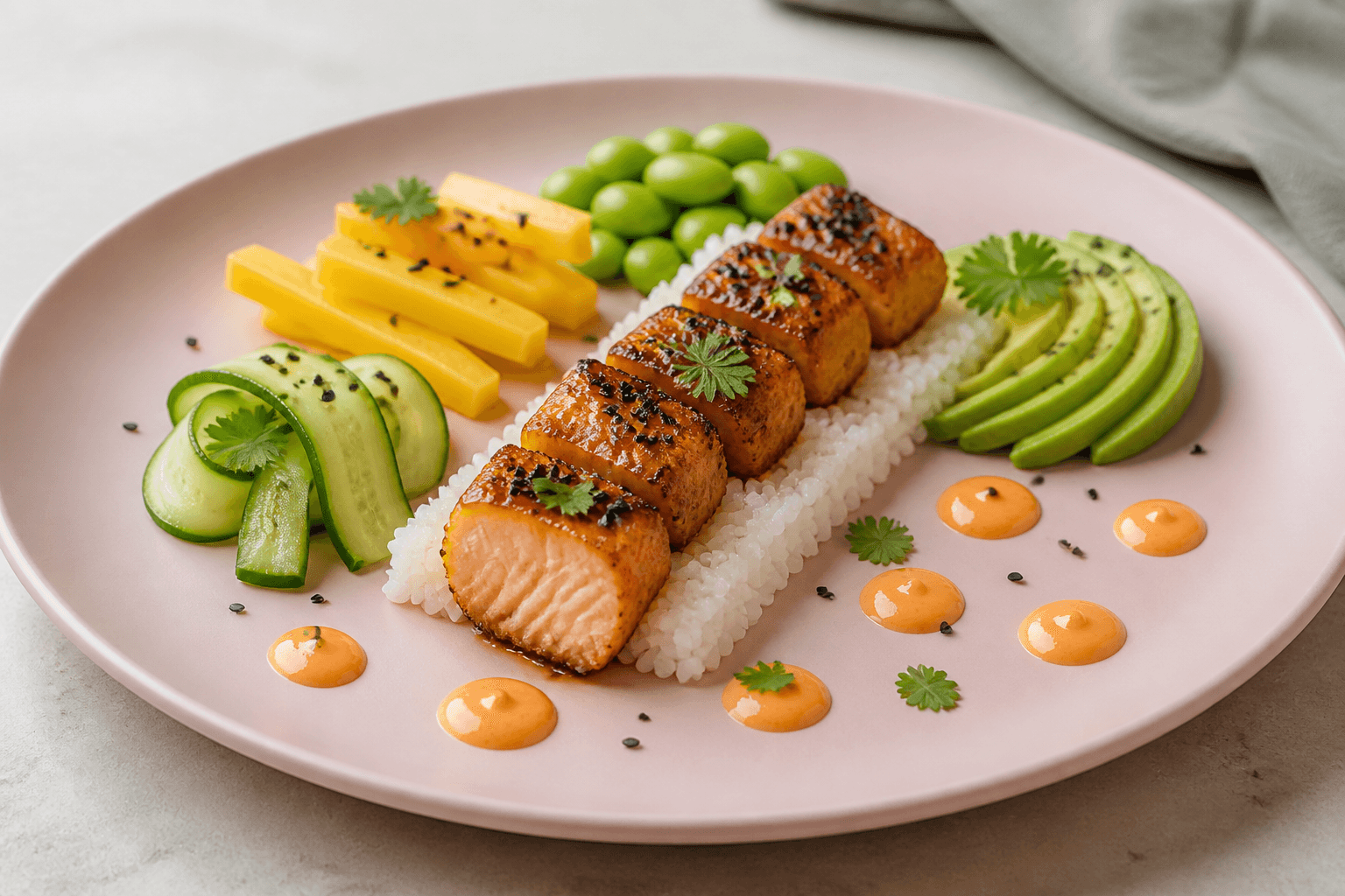 Gennemstegte sesamlaksetern i række på rektangulær sushiris på rosa tallerken med mango, edamame, agurk, avocado og chilimayonnaise