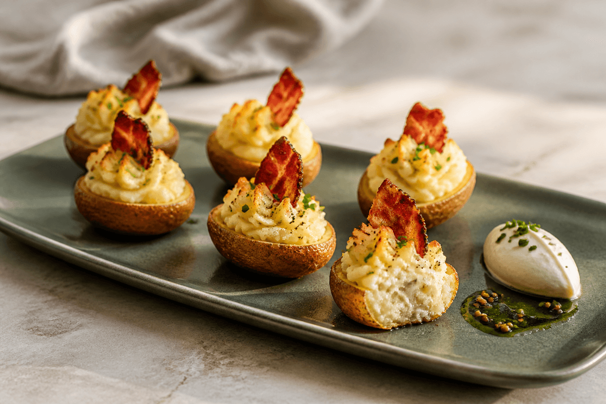 Seks dobbeltbagte kartoffelbåde på mørkegrønt fad med luftig gylden top, sprøde baconflager, purløg, cremefraiche og syltede sennepsfrø