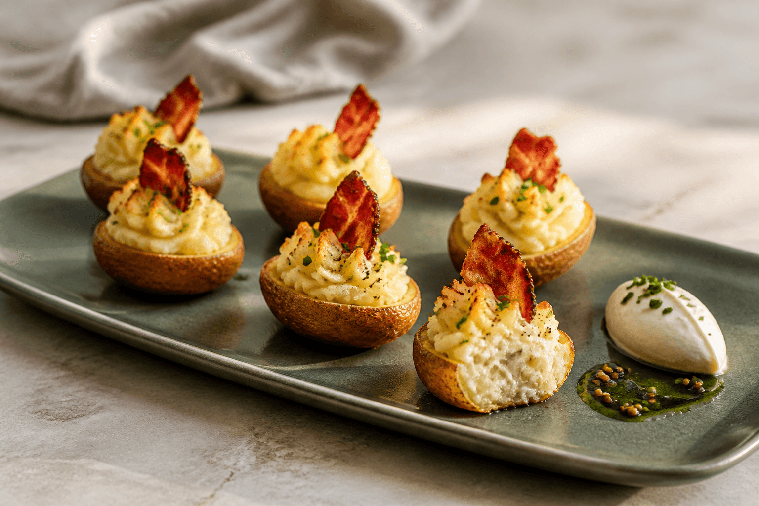 Seks dobbeltbagte kartoffelbåde på mørkegrønt fad med luftig gylden top, sprøde baconflager, purløg, cremefraiche og syltede sennepsfrø