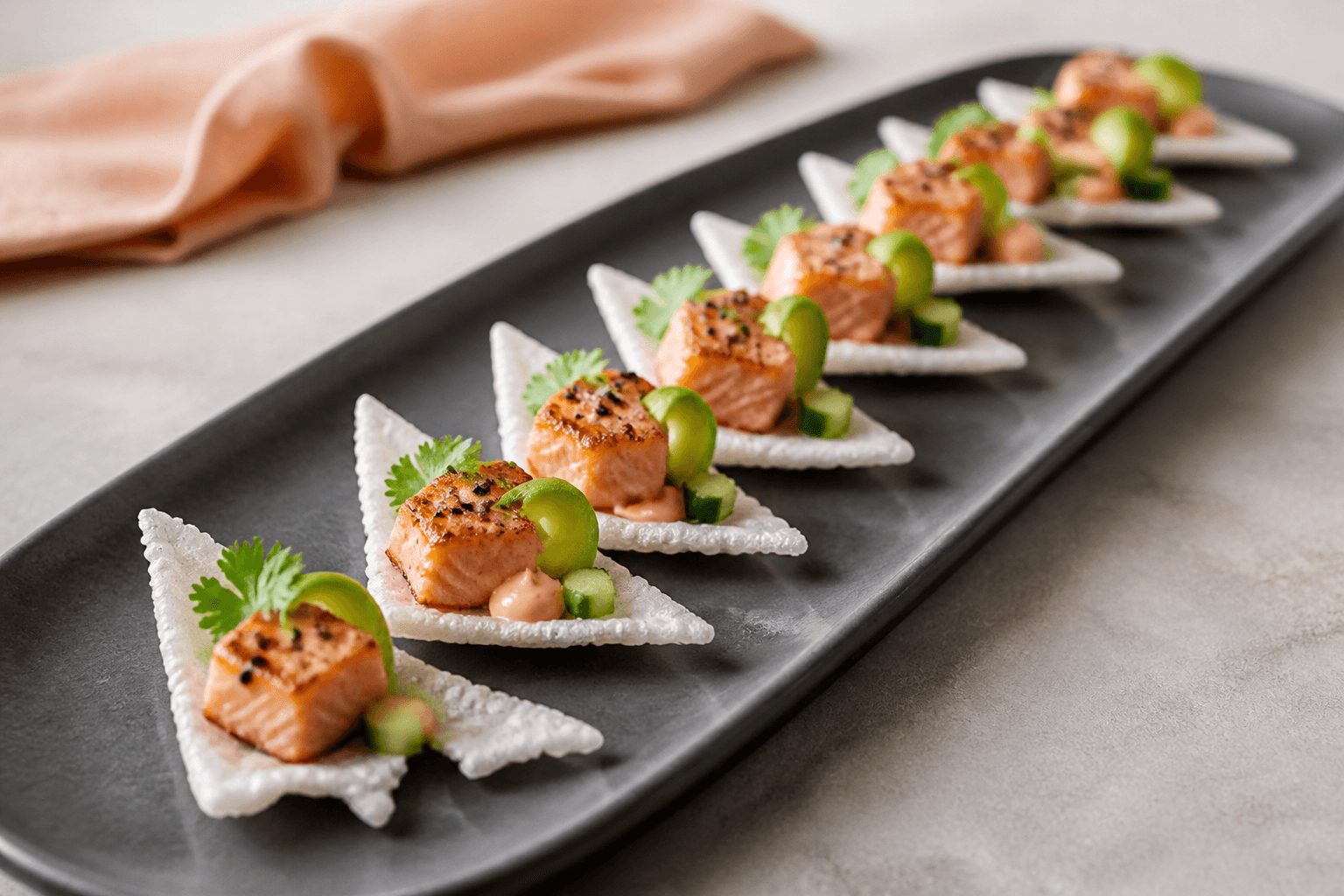 Trekantede luftige rispapirchips på mørkegråt fad med brunet gennemstegt laks, avocado, agurk, chilimayo, sort sesam og koriander