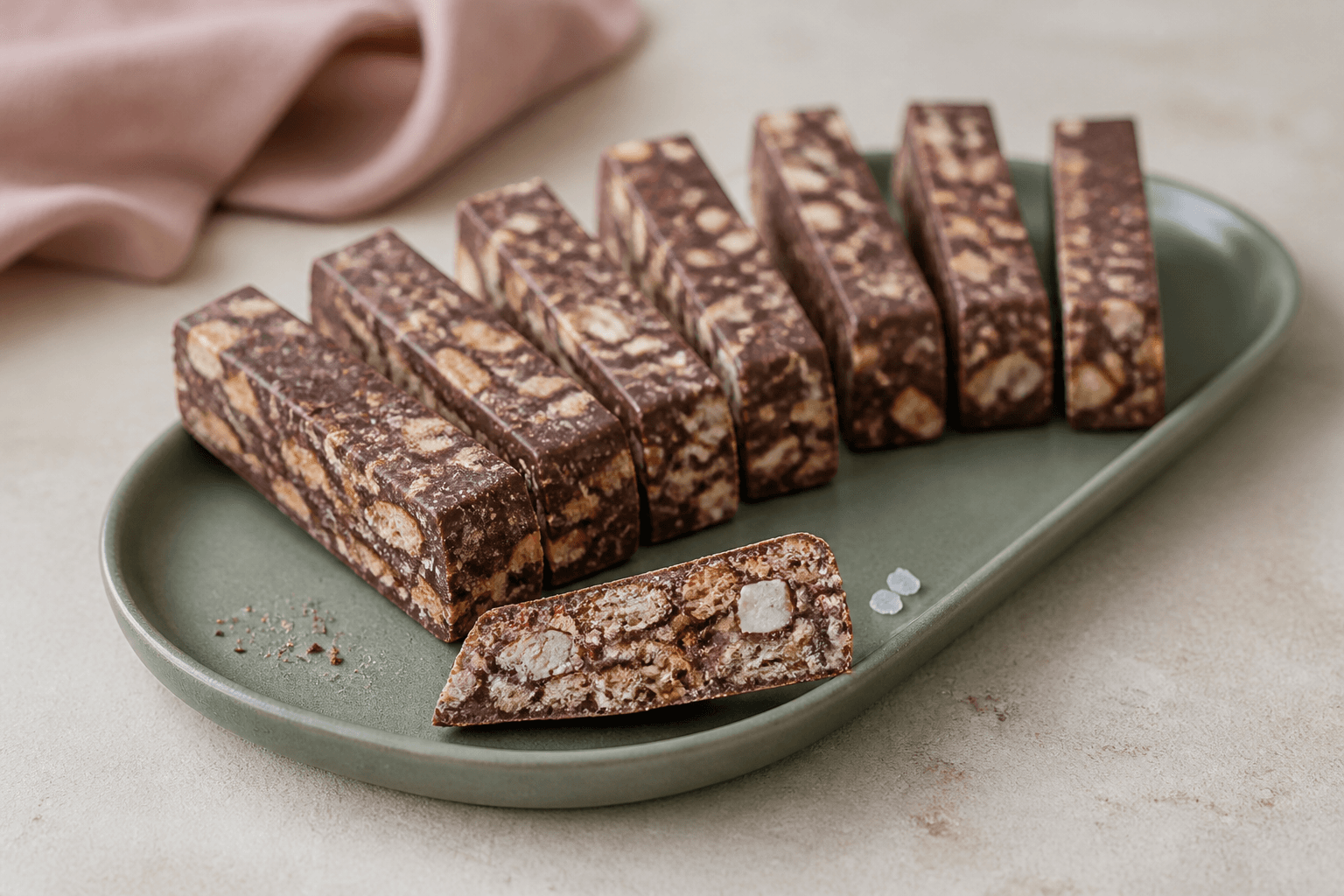 Smalle rocky road-stænger i vifte på mosgrønt fad med mørk chokolade, gyldne kiks, lys marcipan, mandler, hindbær og ét skråt snit