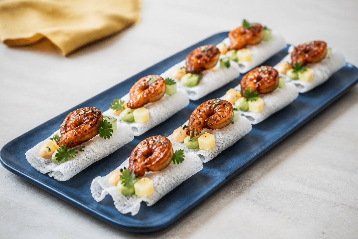 Lange hvide sprøde rispapirplanker i to rækker på koboltblåt fad med karamelliserede tigerrejer, ananas, agurk, avocadocreme og chilimayo