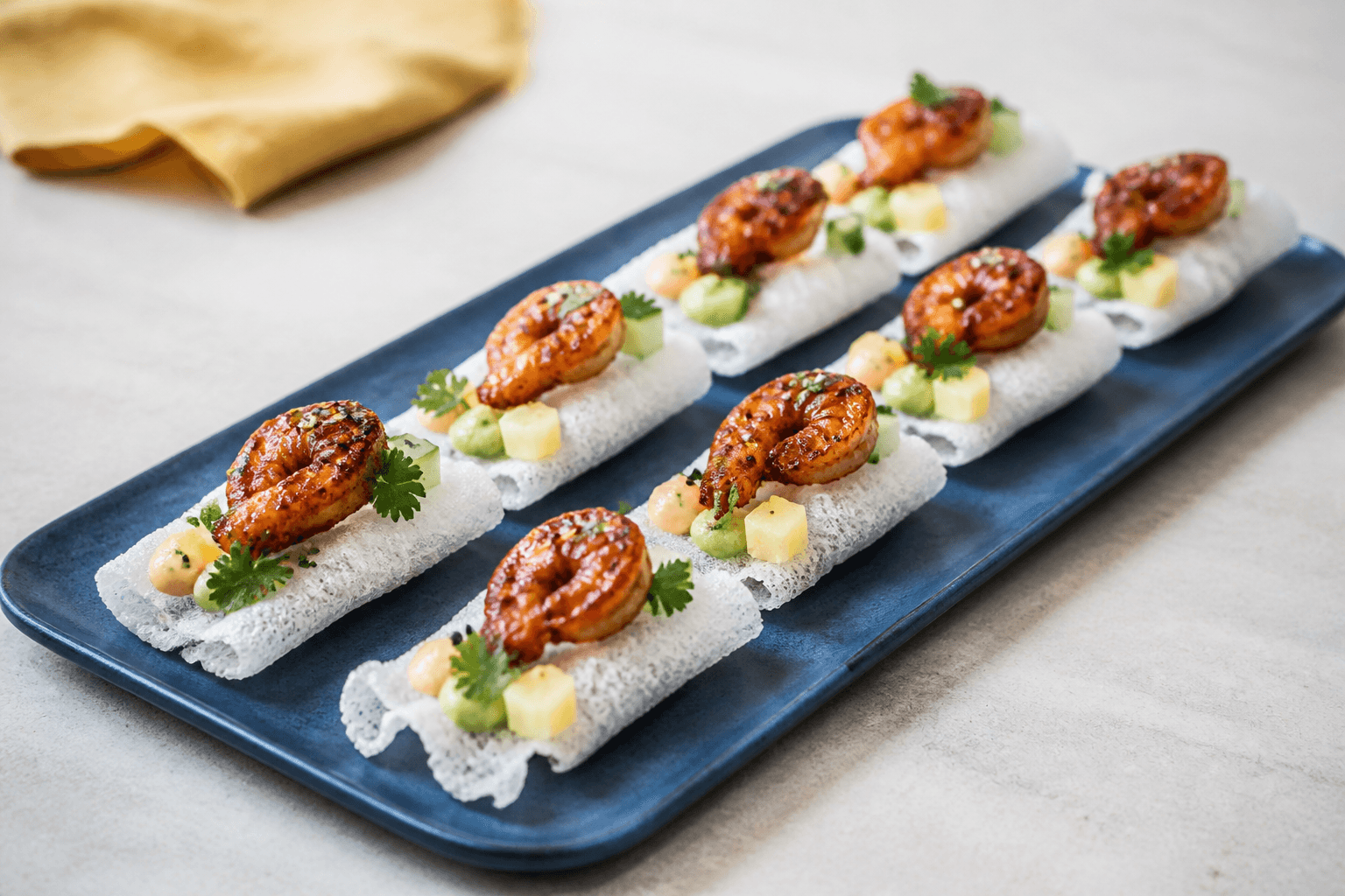 Lange hvide sprøde rispapirplanker i to rækker på koboltblåt fad med karamelliserede tigerrejer, ananas, agurk, avocadocreme og chilimayo