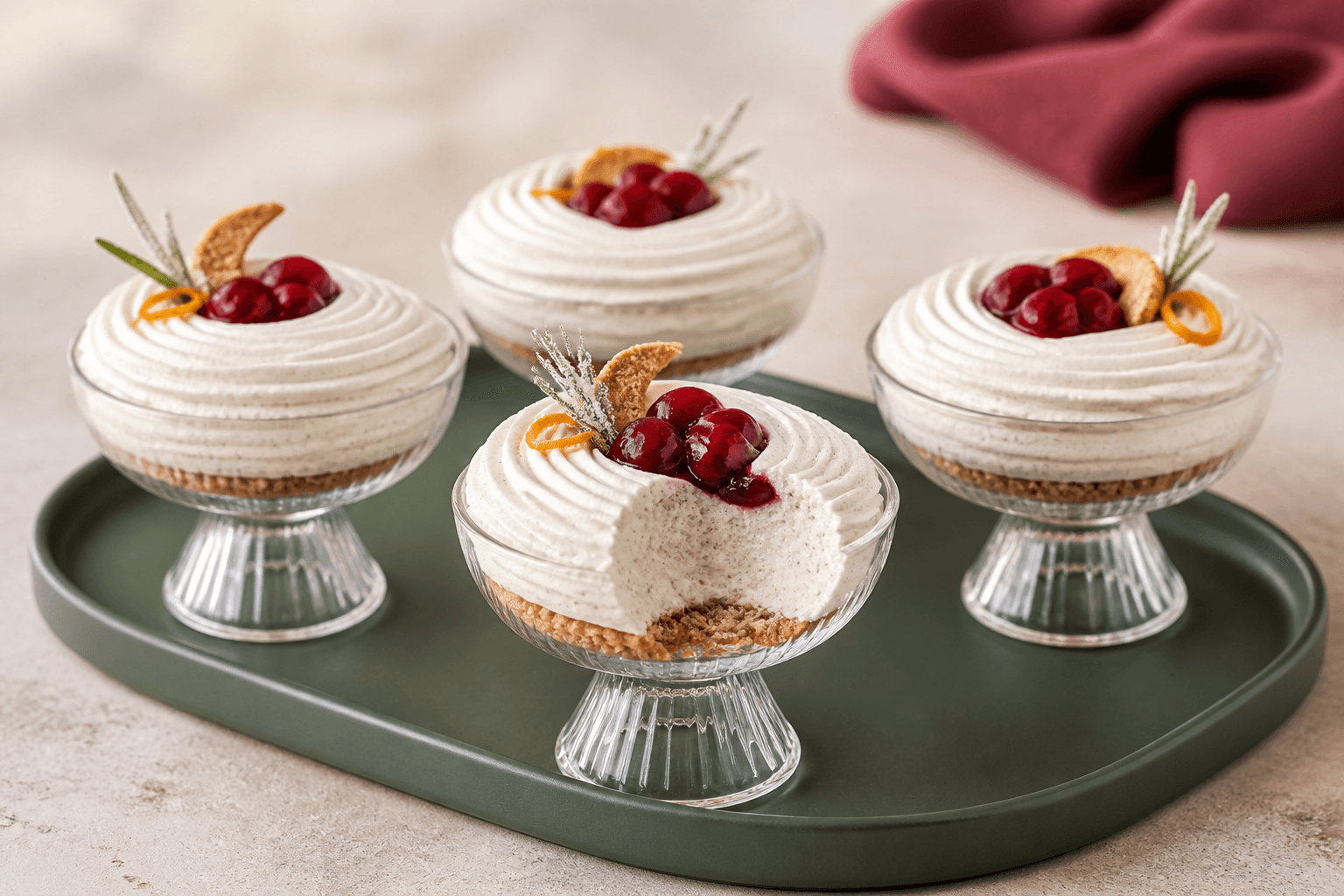 Fire julecheesecakes i lave stilkede coupéglas på mørkegrønt fad med pebernøddebund, høj krydret cremespiral, kirsebærbrønd, appelsin og rosmarin