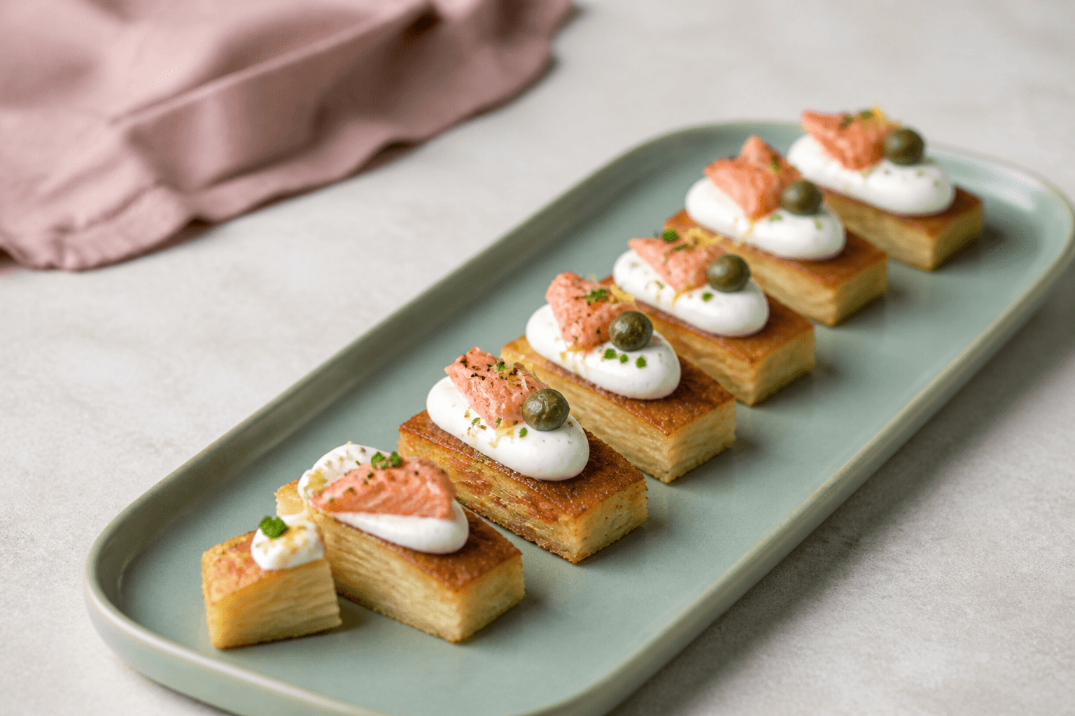 Seks sprøde rektangulære kartoffelpavéer på salviegrønt fad med pisket creme fraiche, varmrøget laks, kapers og synlige tynde kartoffellag