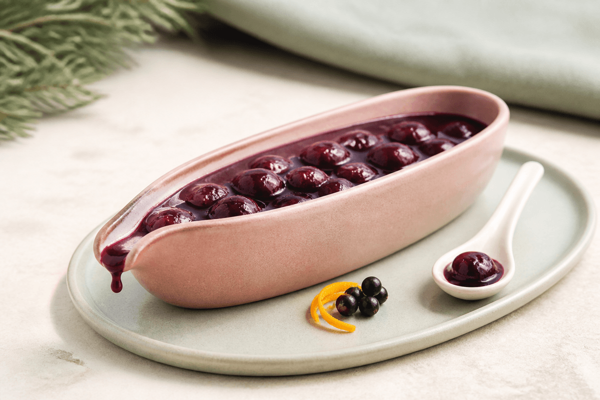 Mørk kirsebærsauce med hele kirsebær i lav støvet rosa saucekande på mintgrønt fad med appelsinskal, solbær og en smageske