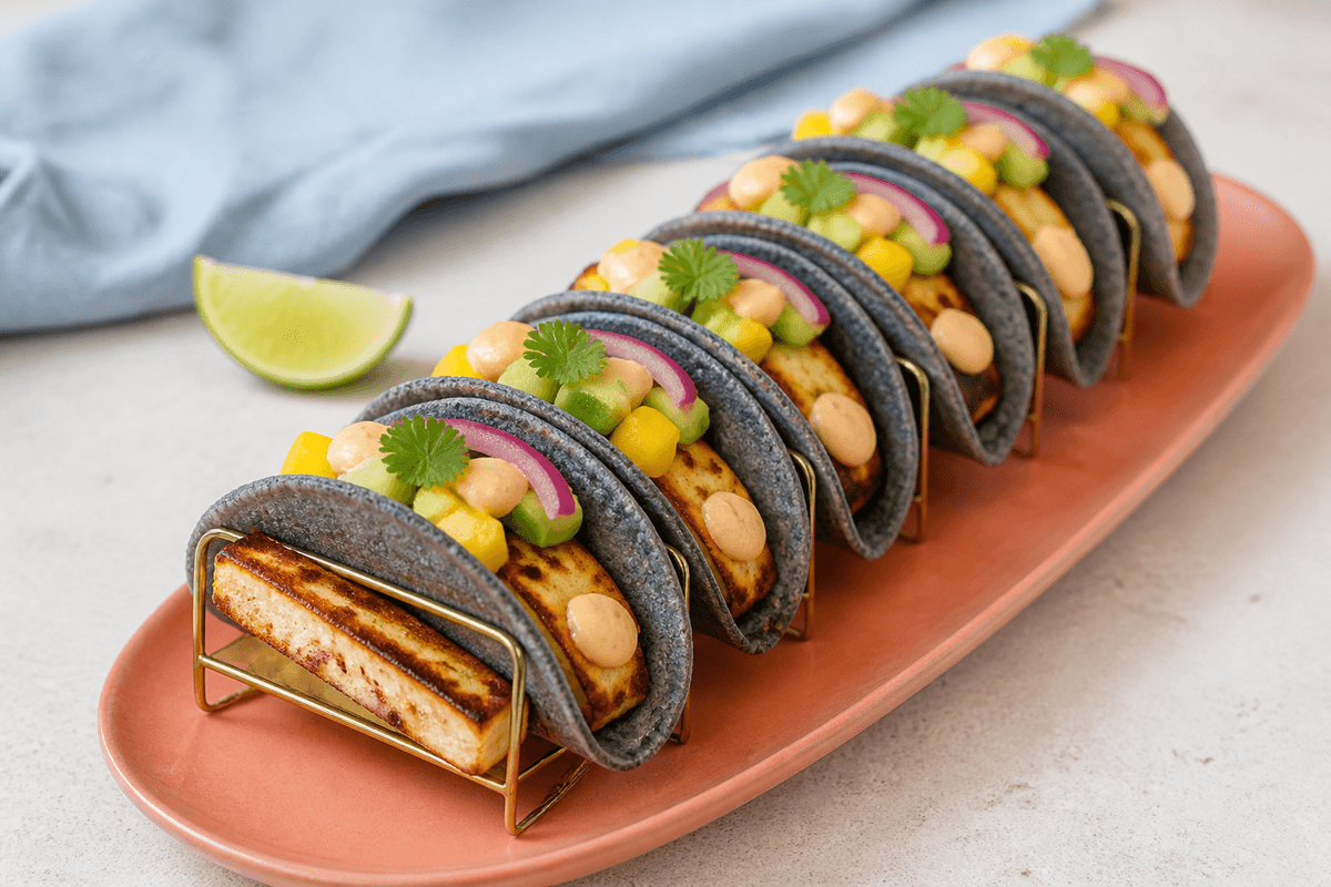 Seks blå majstacos i messingstativ på koralfad med gyldne halloumibatoner, mango, avocado, agurk, syltet rødløg og chilimayo