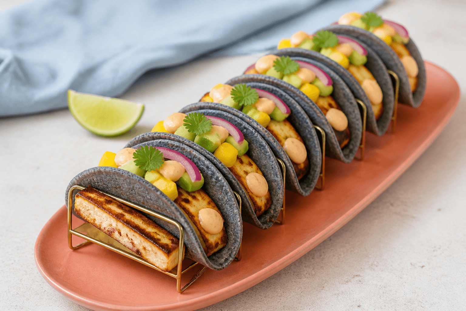 Seks blå majstacos i messingstativ på koralfad med gyldne halloumibatoner, mango, avocado, agurk, syltet rødløg og chilimayo
