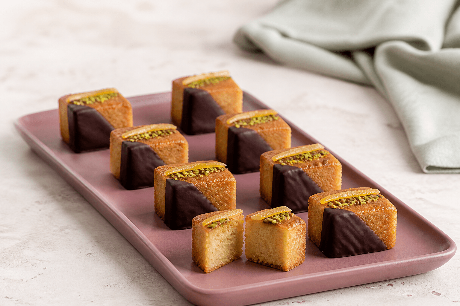 Små firkantede gyldne mazarin-petitfours på støvet rosa fad med diagonal mørk chokolade, pistacie, kandiseret citron og synlig saftig krumme