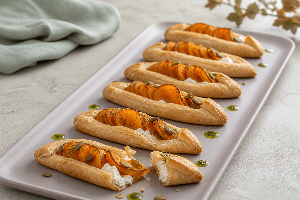 Seks aflange sprøde græskargalettebåde på støvet lilla fad med orange græskarbånd, pisket feta, rosmarinolie og græskarkerner