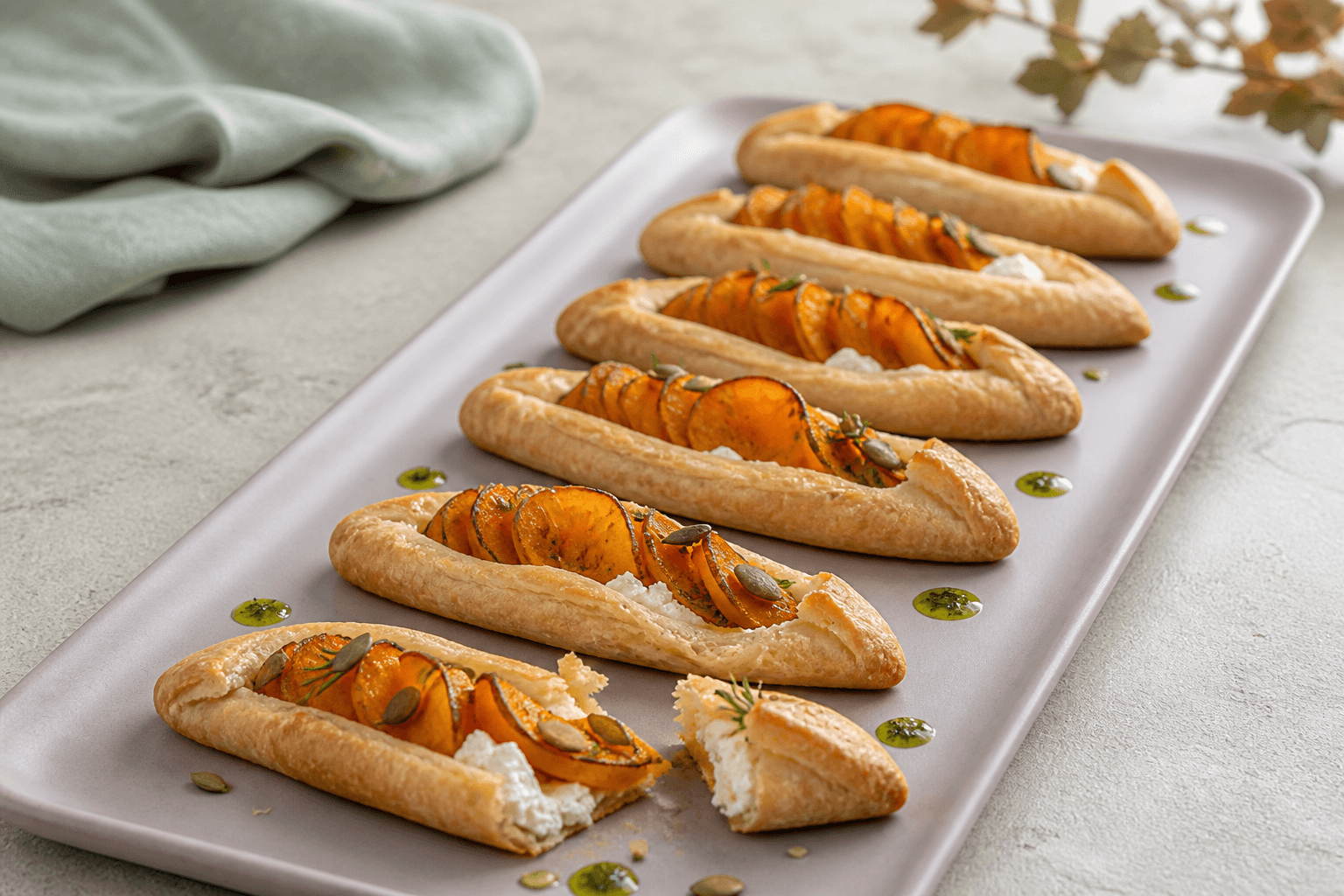 Seks aflange sprøde græskargalettebåde på støvet lilla fad med orange græskarbånd, pisket feta, rosmarinolie og græskarkerner