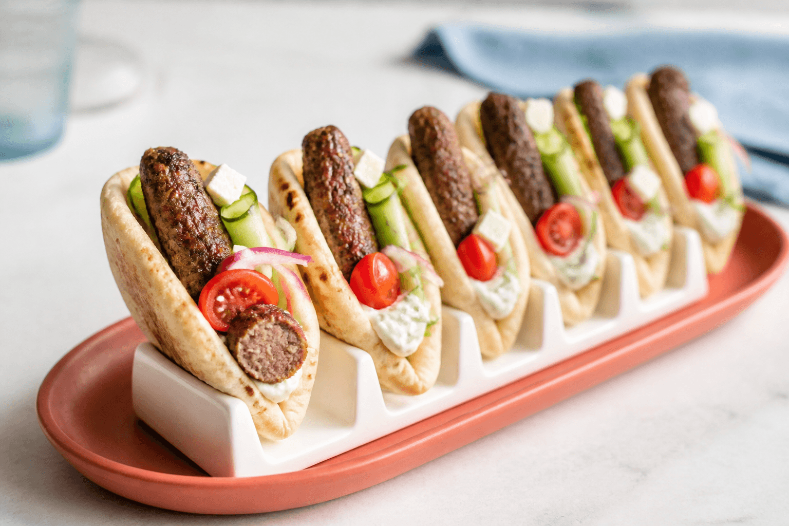 Seks små lune pitabrød i hvid holder på koralfad med gennemstegt oksekofta, tzatziki, agurk, tomat, syltet rødløg og feta