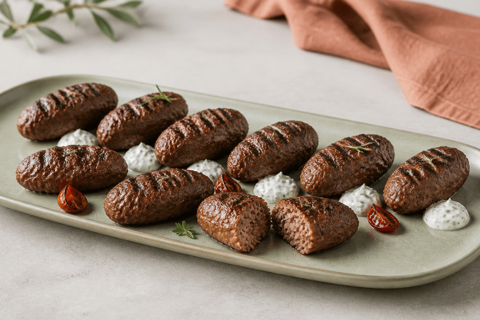 Ti aflange brunede oksefrikadeller i to rækker på salviegrønt fad med tynd tomat-rosmaringlasering, citronyoghurt og bagte tomatblade