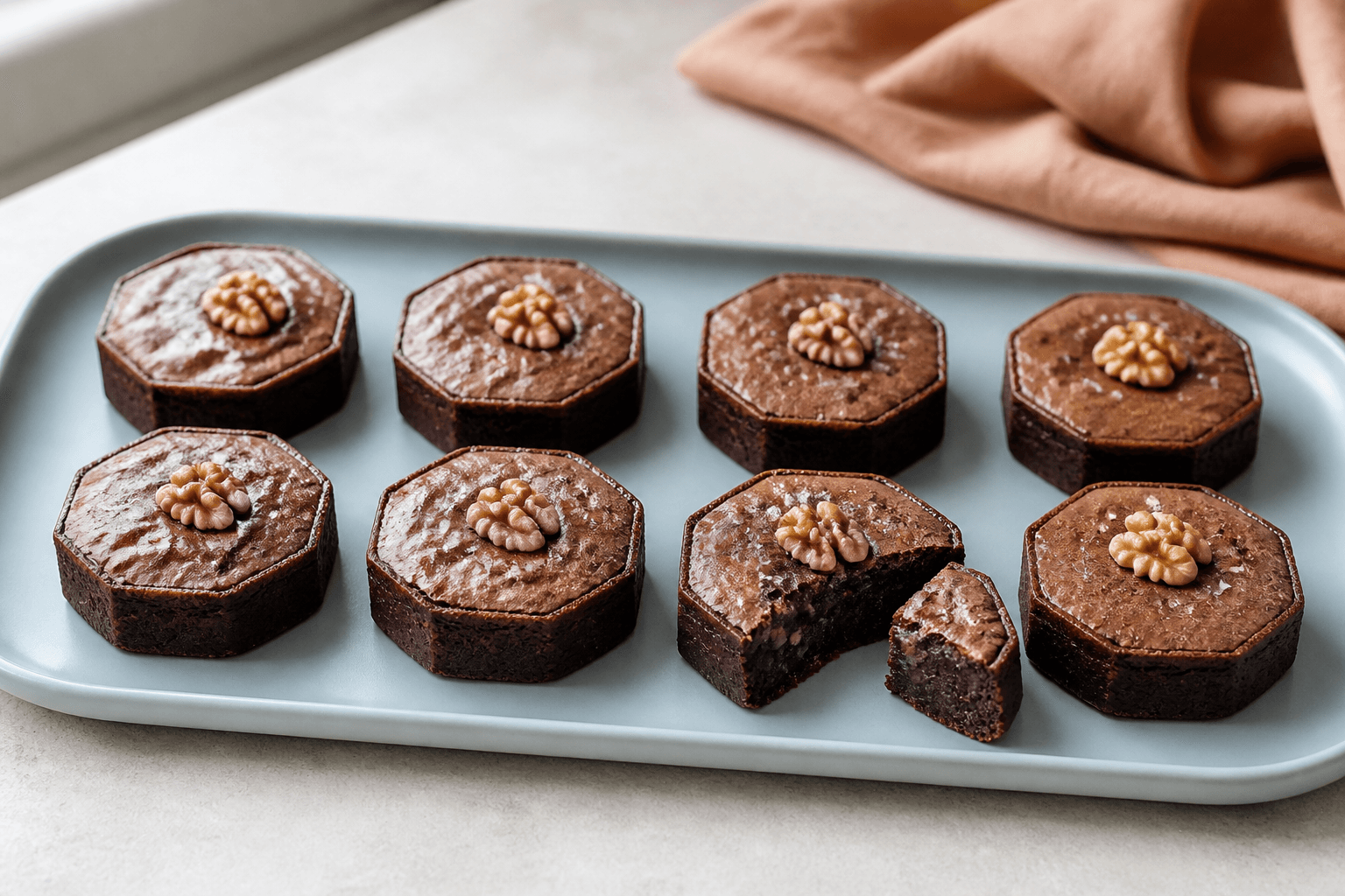 Otte individuelle ottekantede mørke brownies på lyseblå bakke med blank krakeleret top, ristede valnødder, flagesalt og én åben fudgy kage