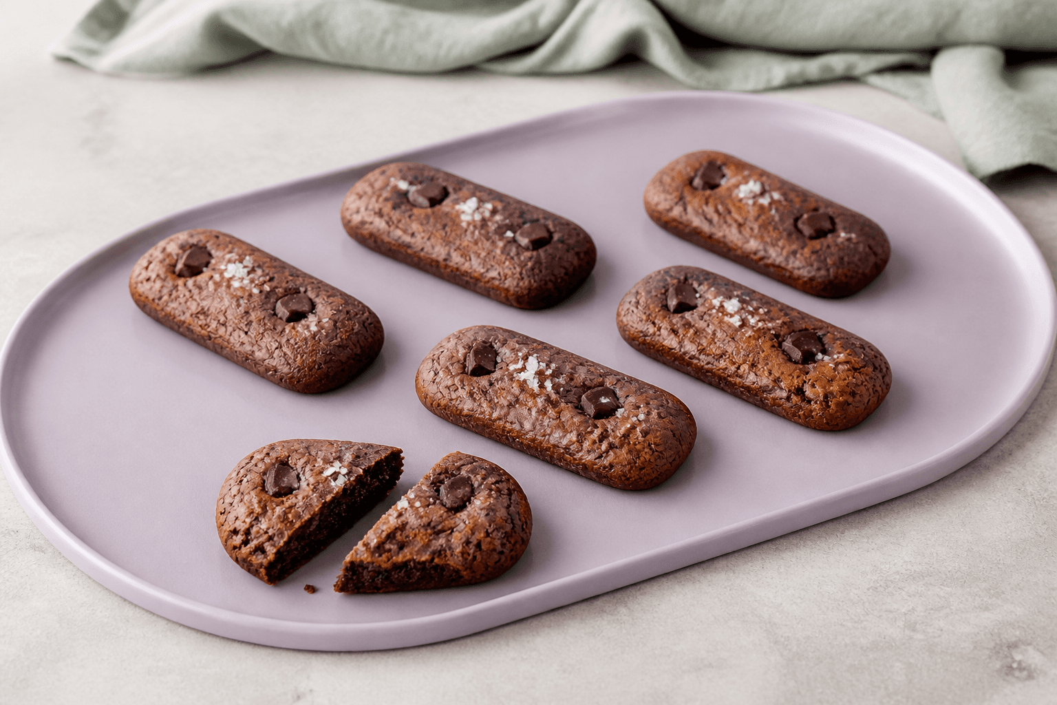 Seks aflange brownie cookies på lys lilla bakke med fin krakelering, mørke chokoladestykker, flagesalt og én brudt cookie med blød midte