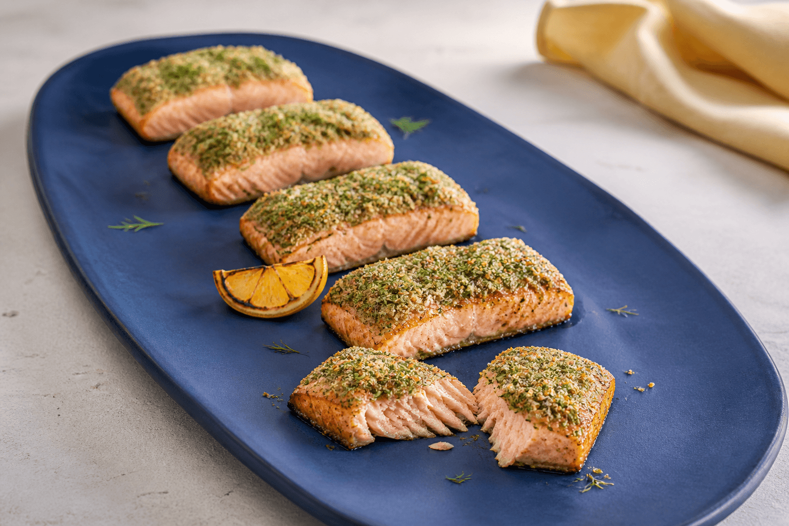 Fem tykke færdigbagte lakseportioner på koboltblåt fad med sprød citron-urtecrust, grillede citroner og én åben portion med saftige flager