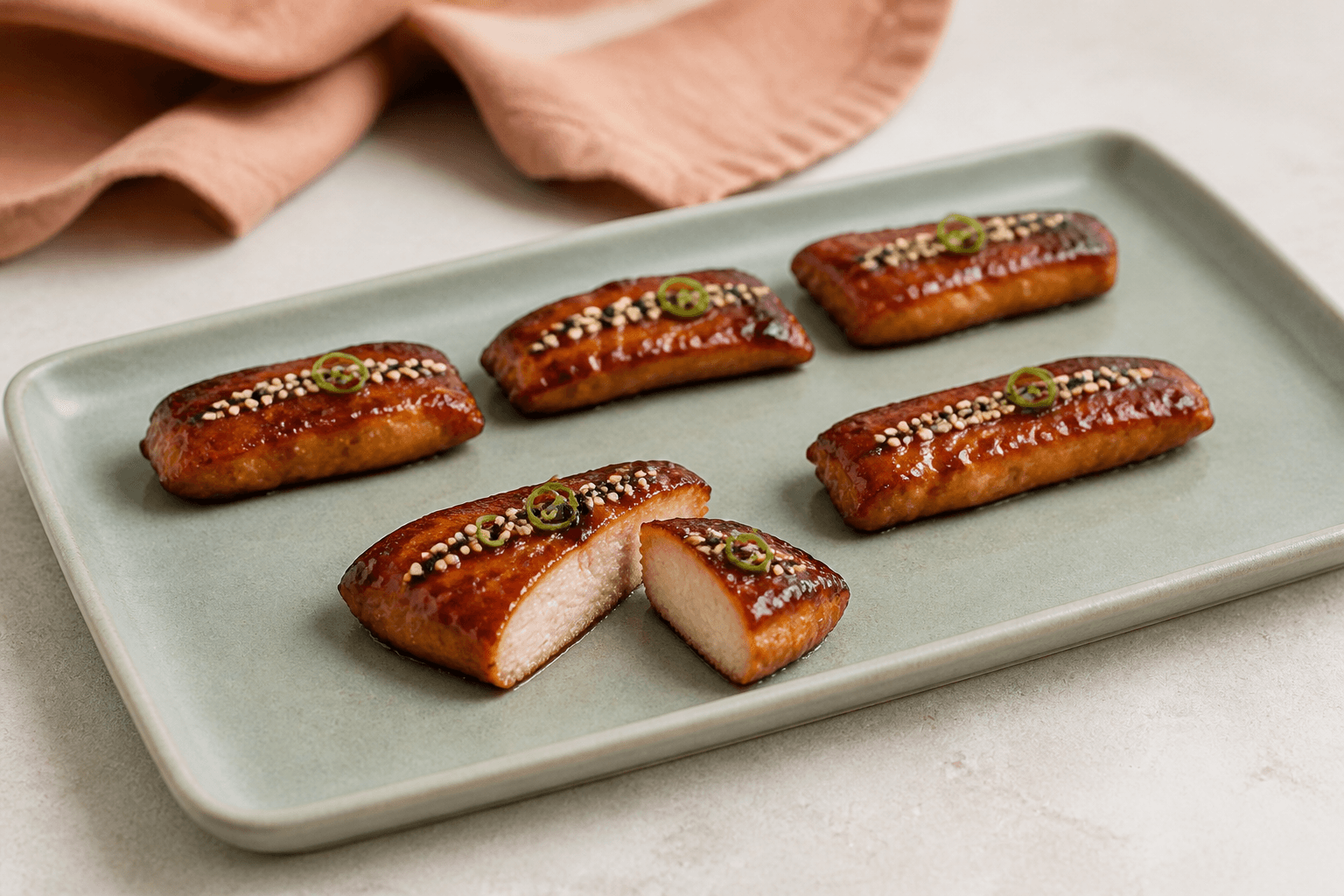 Seks lange glaserede teriyaki-kyllingebatoner på salviegrønt fad med sesam og forårsløg, hvor den forreste er skåret og viser helt tilberedt saftigt centrum