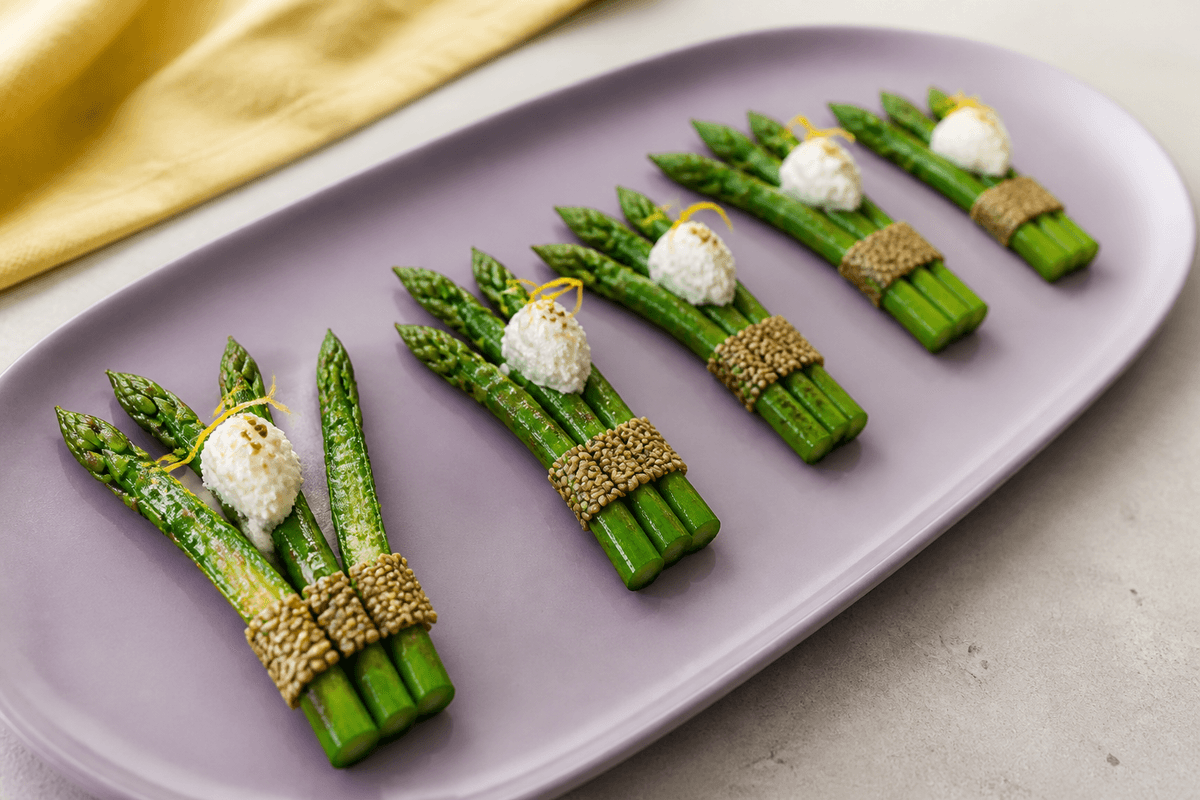 Fem vifteformede portioner af sesamstegte grønne asparges på støvet lilla fad med sprøde sesamflager, pisket feta, citronskal og én åben stang