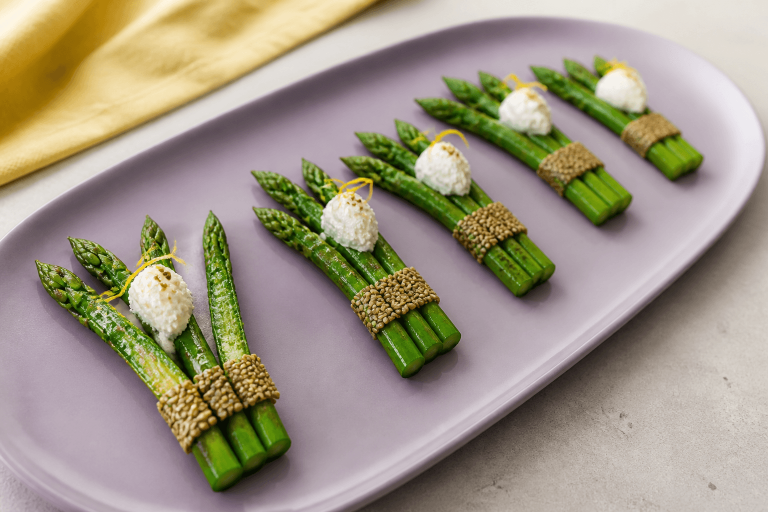 Fem vifteformede portioner af sesamstegte grønne asparges på støvet lilla fad med sprøde sesamflager, pisket feta, citronskal og én åben stang