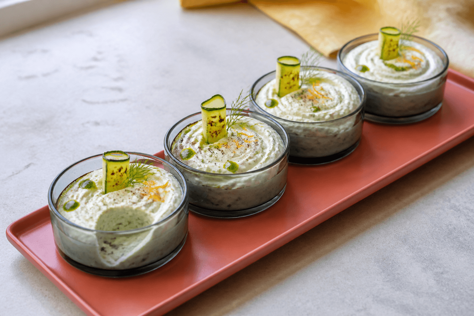 Fire lave røgfarvede glas med fast kold squashtzatziki, grillede squashruller, dild, citronskal og én ren scoopåbning på koralfarvet fad