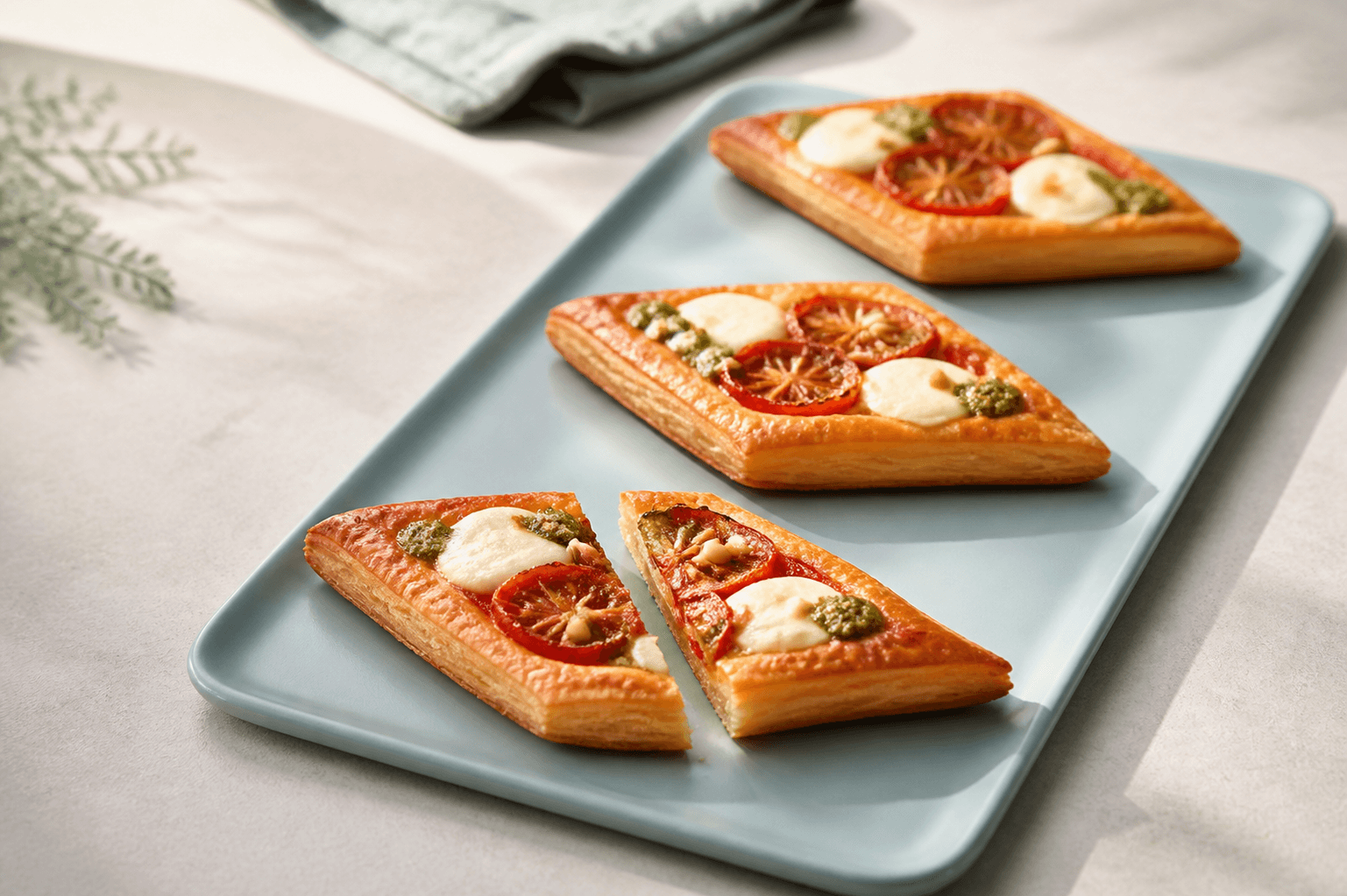 To hele gyldne butterdejsdiamanter og én skåret tartlet på lyseblåt fad med ristede tomater, smeltet mozzarella, pesto og sprøde lag
