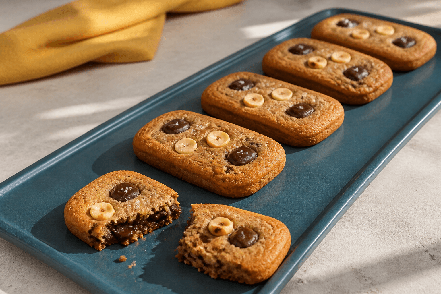 Fire hele afrundede cookiebarer og én brækket bar på dybblåt fad med mørke chokoladestykker, ristede hasselnødder og sej færdigbagt midte