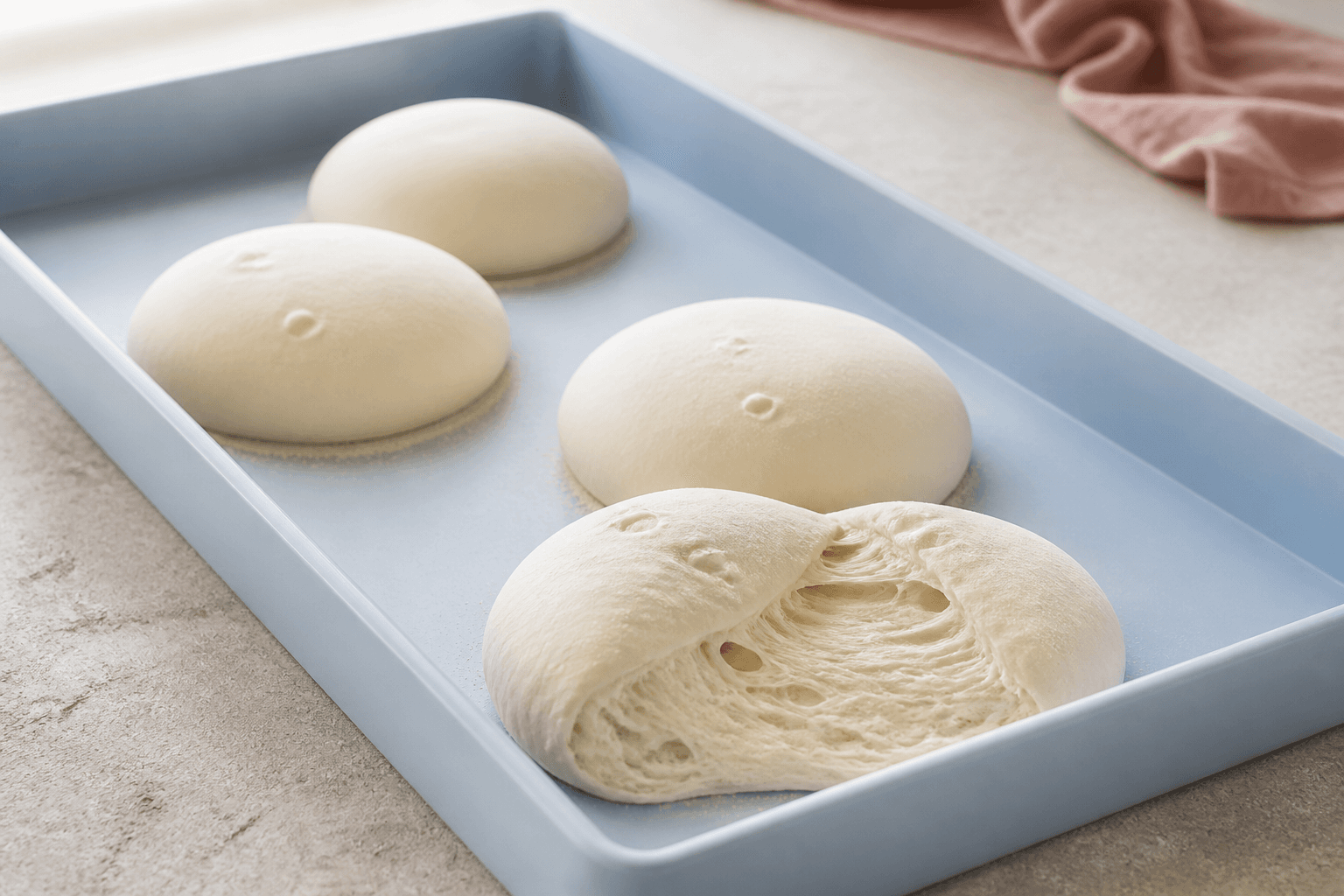 Tre hele luftige pizzadejkugler og én åbnet dejportion med synlige glutenstrenge i en lang lyseblå hævebakke