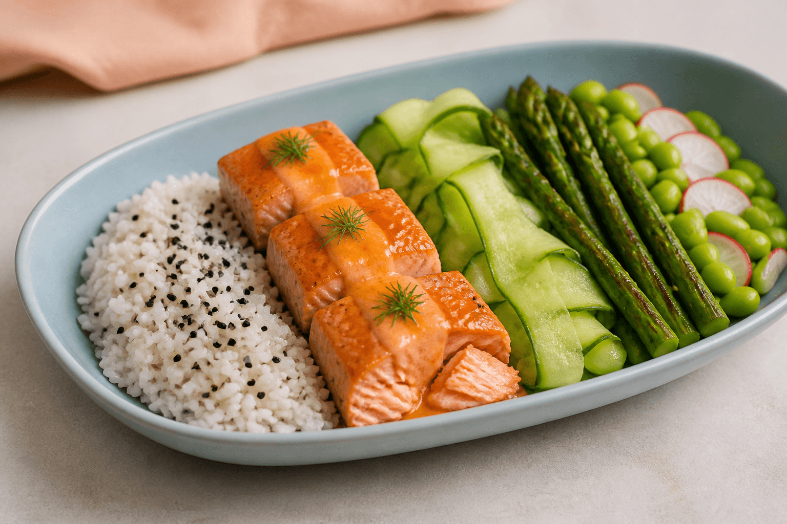 Én lang lyseblå bowl i fem adskilte bånd med sesamris, tre bagte laksekuber, agurk, grillede asparges samt edamame og radise