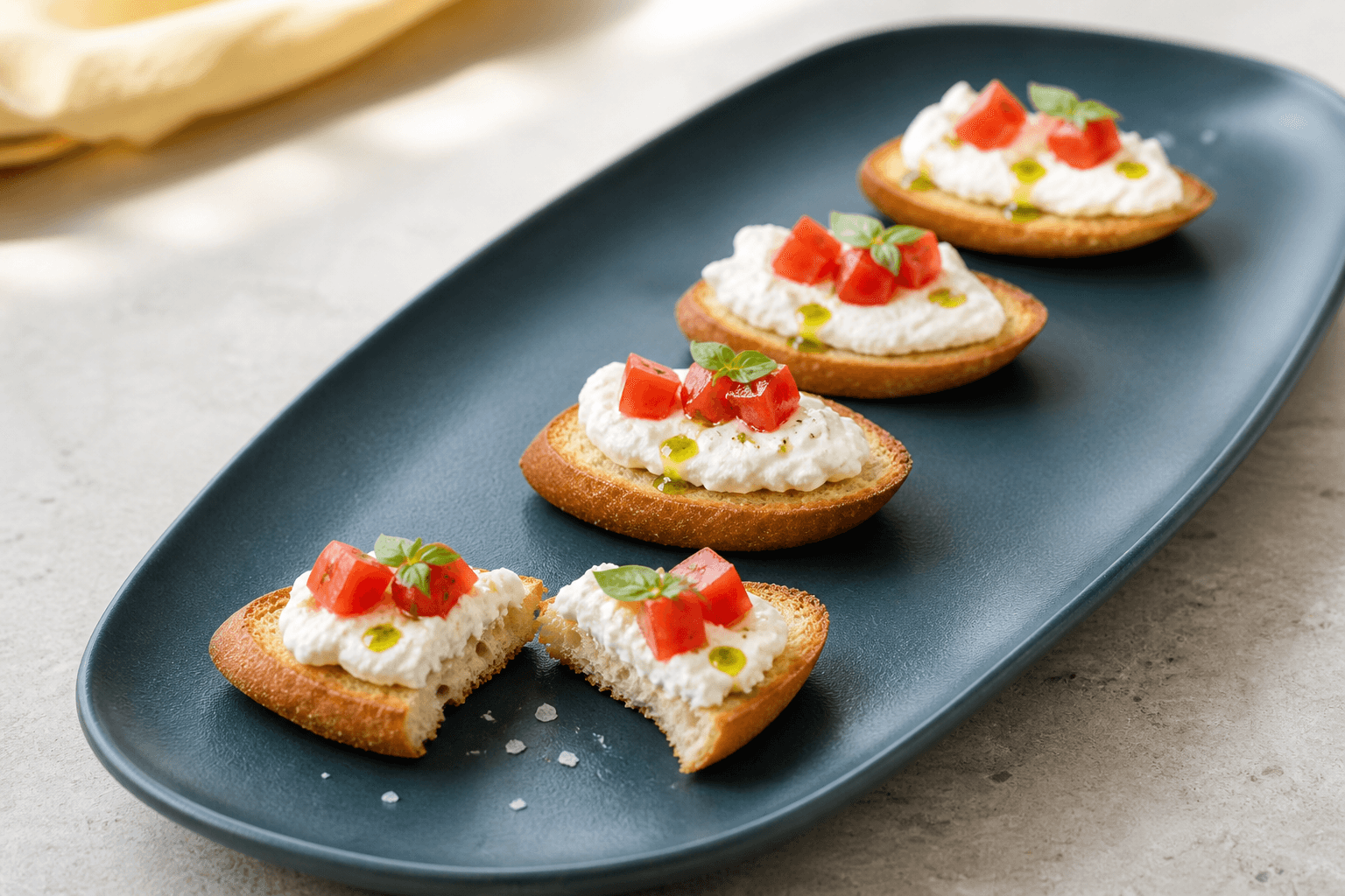 Tre hele ovale crostini og én brækket på mørkt petrolfad med afdryppet burrata, tomattern, basilikumolie og små basilikumspidser