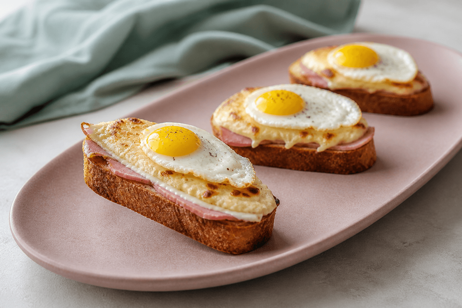 Tre lave ovale mini-croque madame på støvet rosa fad med skinke, brunet sennepsbechamel, Gruyère og ét spejlet vagtelæg på hver