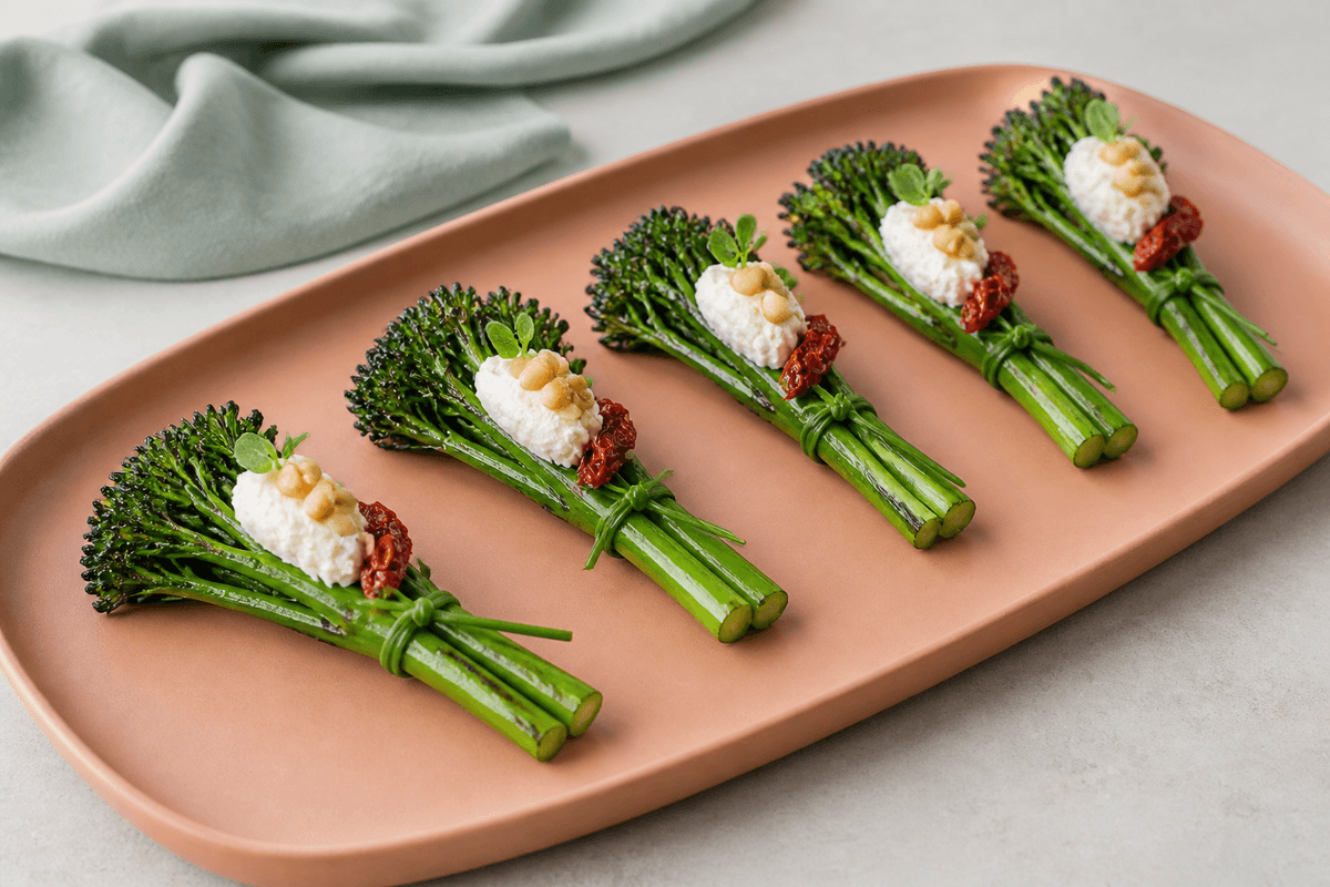 Fem bundter af grillet broccolini på støvet koralfad med citron-fetacreme, soltørret tomat, ristede pinjekerner og oregano