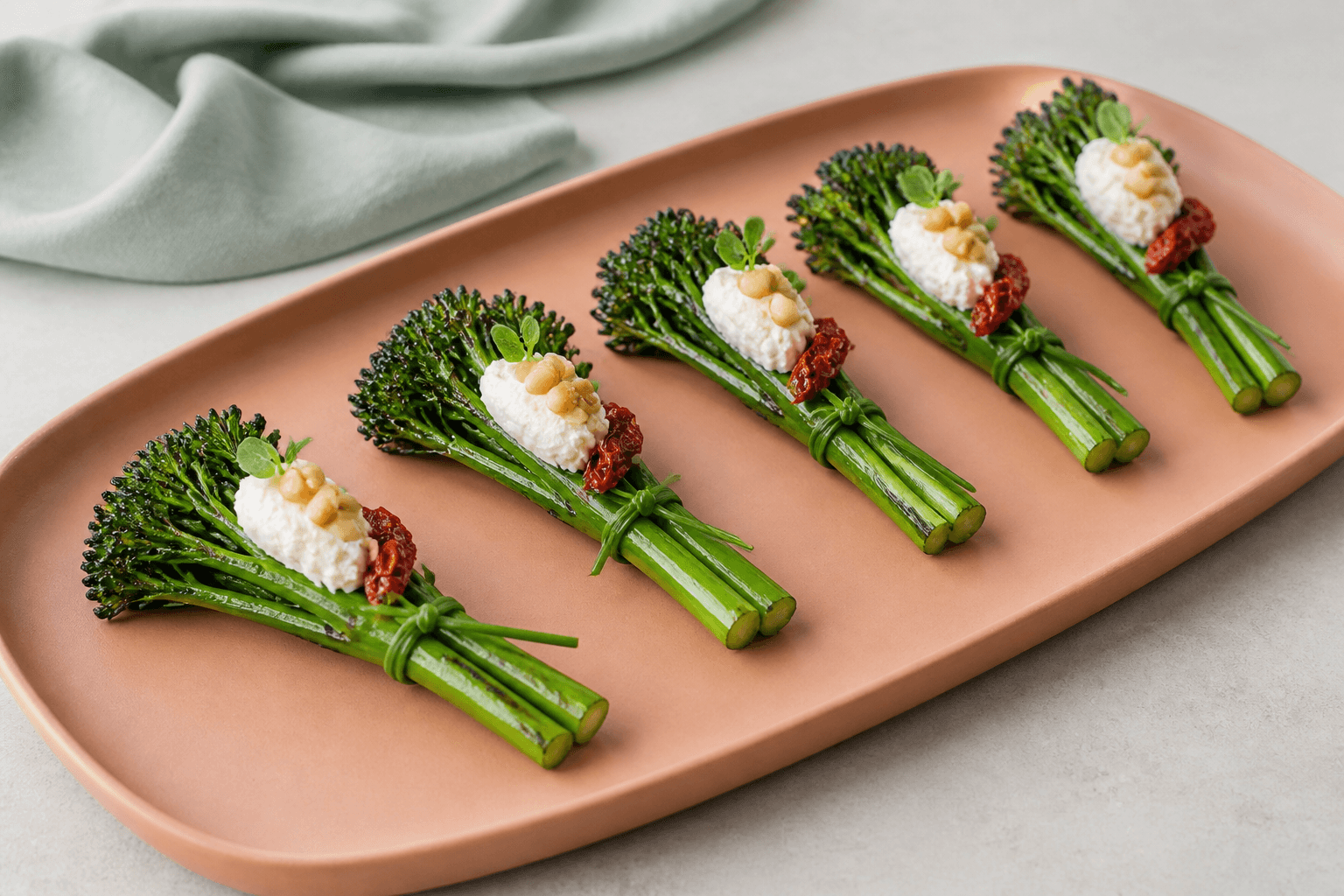Fem bundter af grillet broccolini på støvet koralfad med citron-fetacreme, soltørret tomat, ristede pinjekerner og oregano