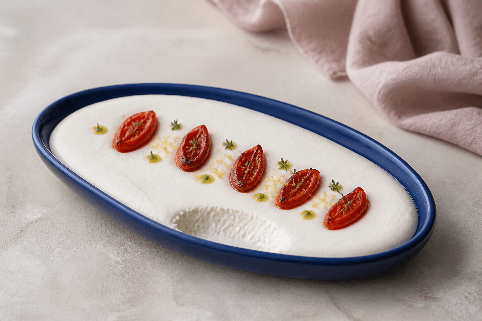Lang koboltblå skål med glat kold fetadip og en diagonal af fem langtidsbagte tomatblade, timianolie og citron