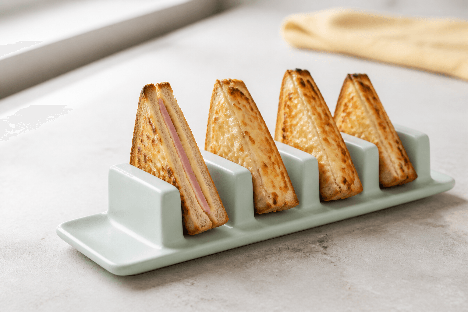 Fire opretstående trekantede croque monsieur i mintgrøn toaststativ med sprødt pain de mie, kogt skinke, dijonbechamel og brunet Gruyère