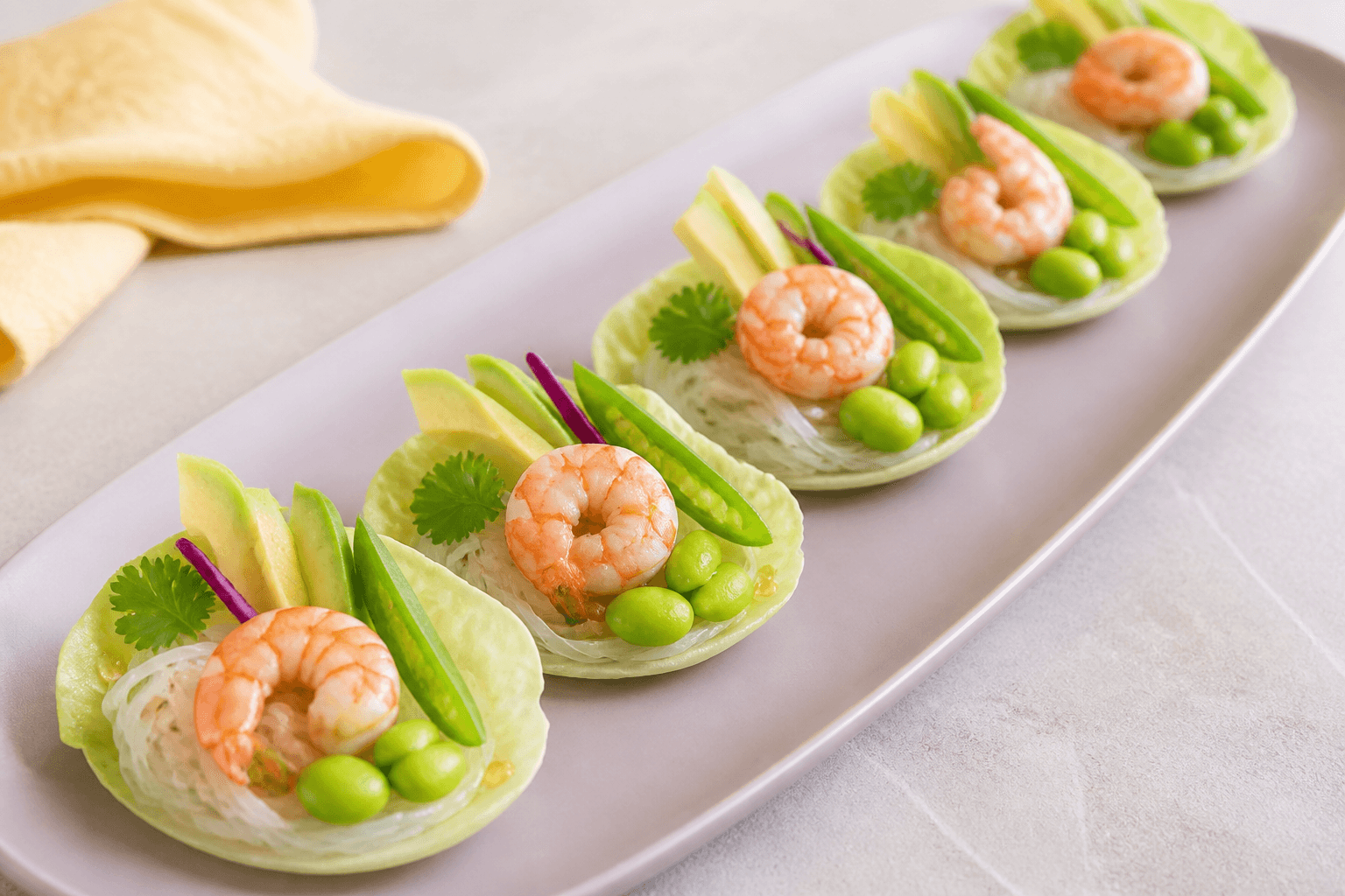 Fem sprøde salatbåde på støvet lilla fad med glasnudler, én kogt reje, avocado, edamame, sukkerært, rødkål og koriander i hver