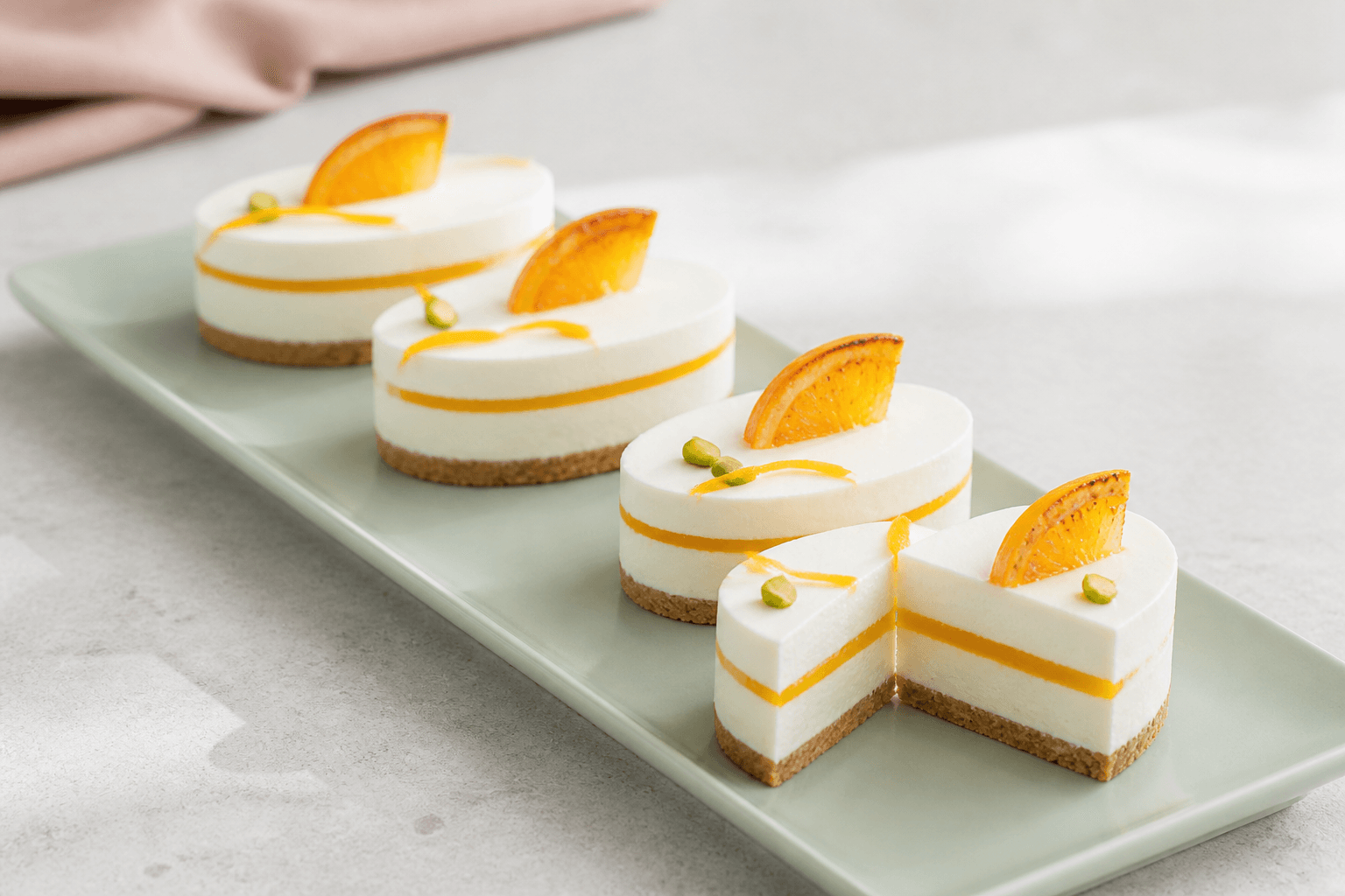 Tre hele ovale appelsincheesecakes og én skåret på havgrønt fad med havre-mandelbund, hvid citruscreme og orange curdribbon
