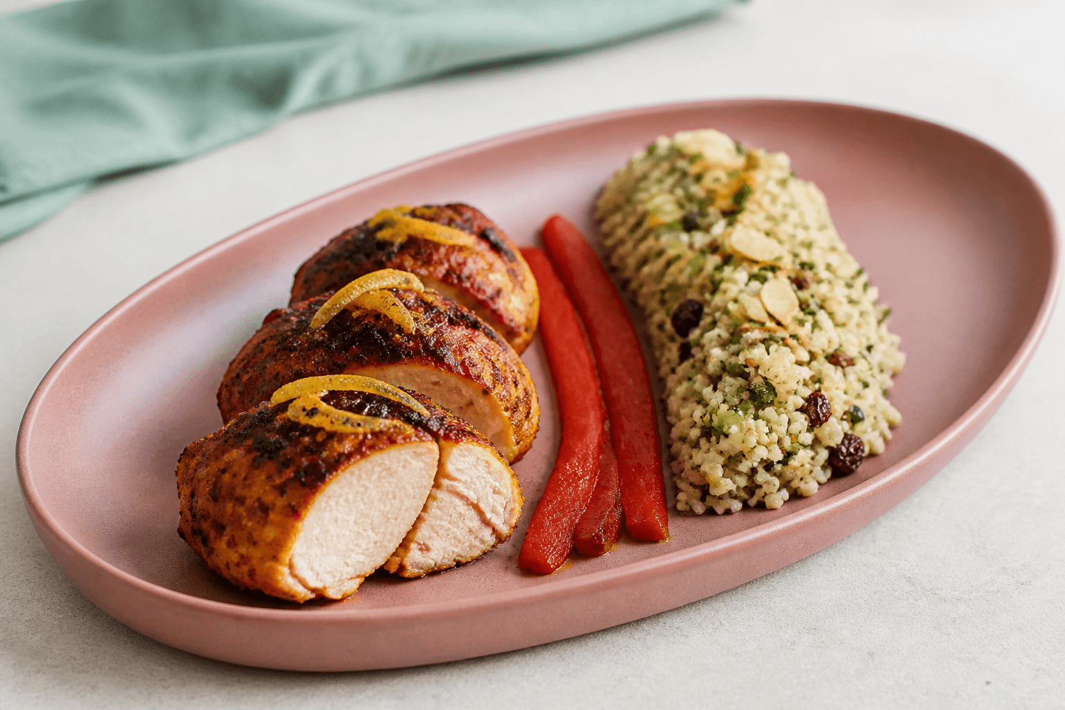 Tre harissa-citruskyllingeparceller på støvet rosa skål med bulgur, squash, rosiner, persille, mandler og tre ristede peberribbons